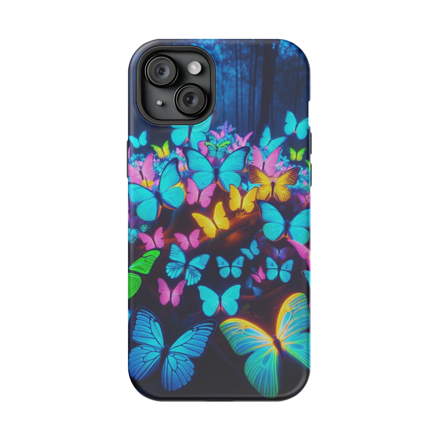 "Scintillating Swirls of Neon Butterflies" Neon Butterflies Premium Art Magsafe Magnet Tough IPhone 13 14 15 Pro Plus Max and Mini in Matte and Glossy Phone cases