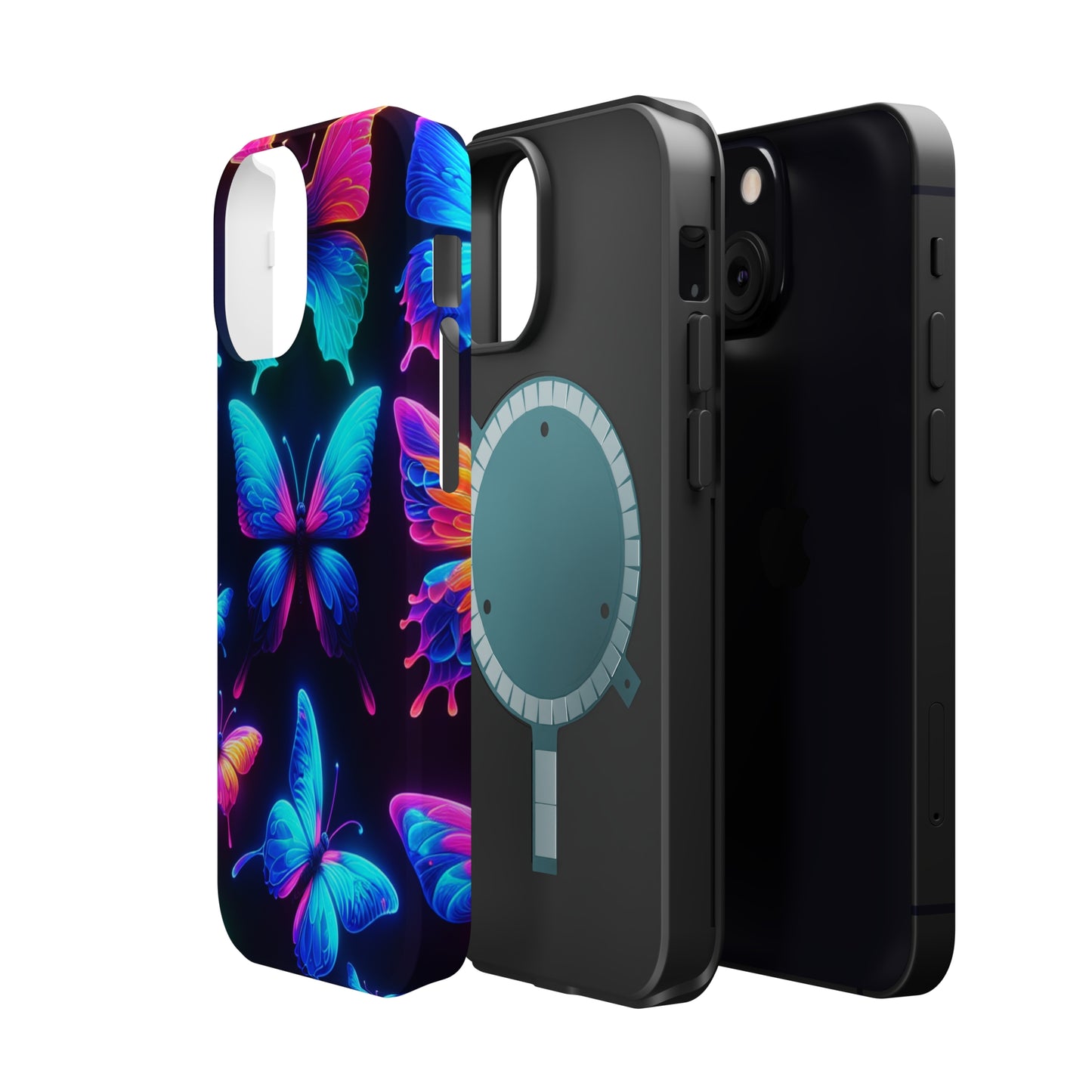 "Neon Flight Frenzy" Neon Butterflies Premium Art Magsafe Magnet Tough IPhone 13 14 15 Pro Plus Max and Mini in Matte and Glossy Phone cases