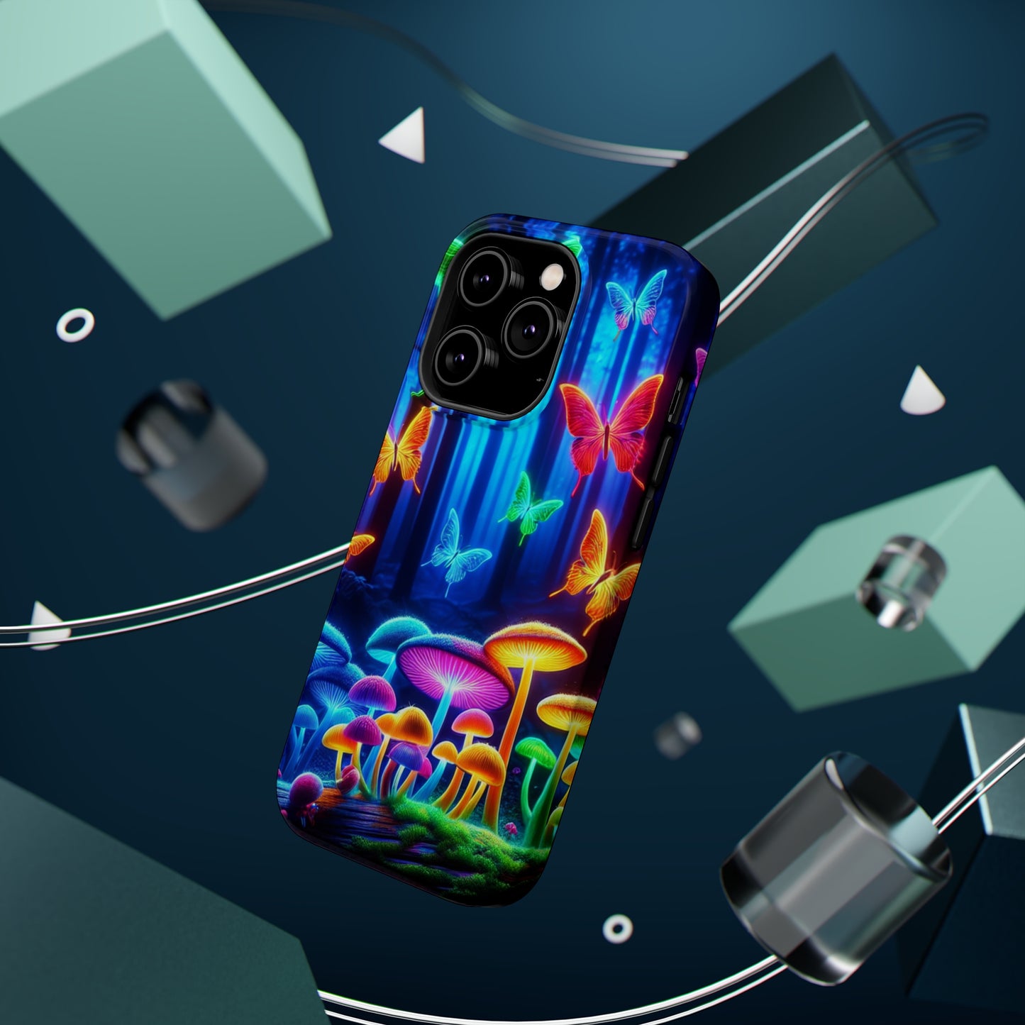 "Neon Garden Delight" Neon Butterflies and Mushrooms Premium Art Magsafe Magnet Tough IPhone 13 14 15 Pro Plus Max and Mini in Matte and Glossy Phone cases