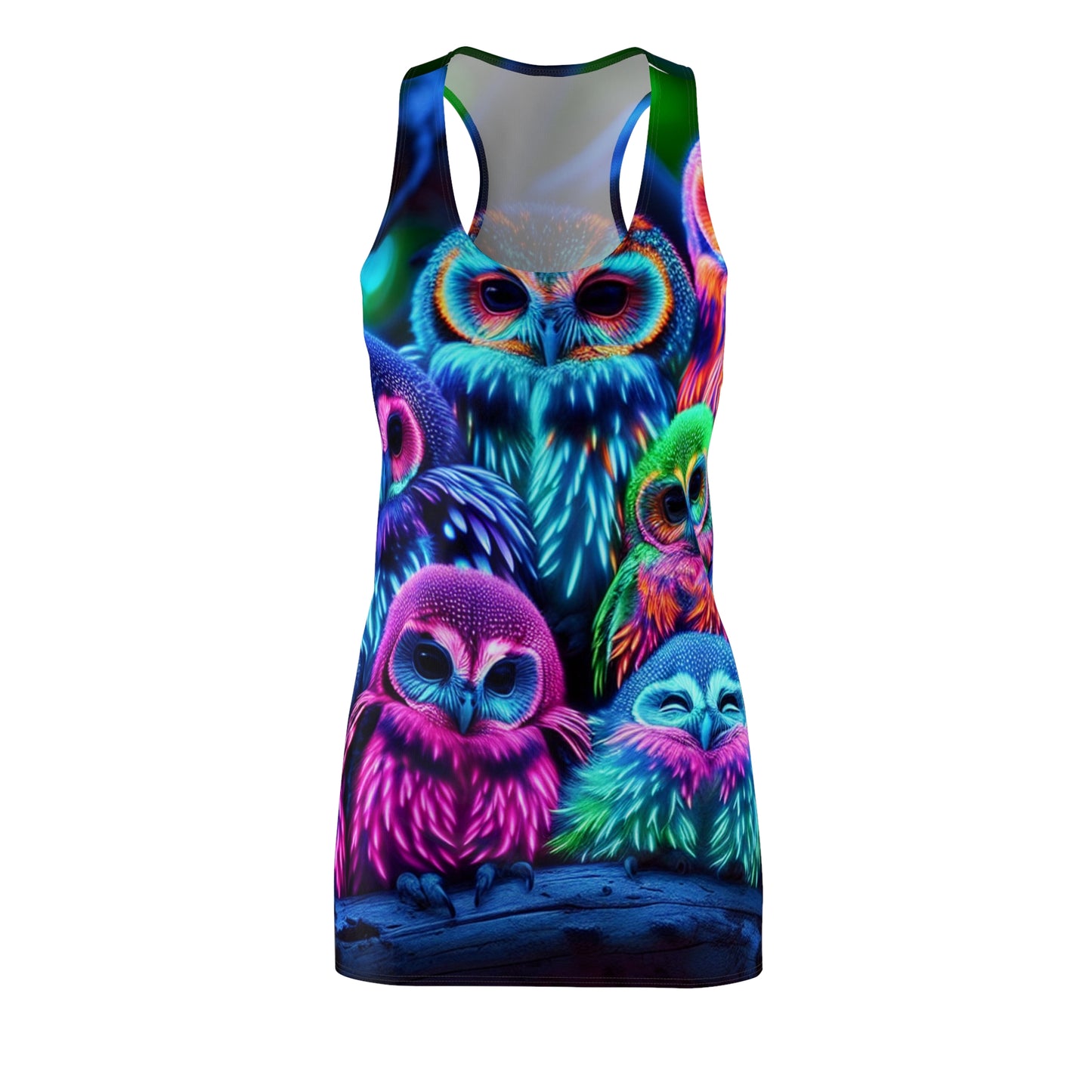 "Rainbow Nocturne" Neon Owls Racerback Dress