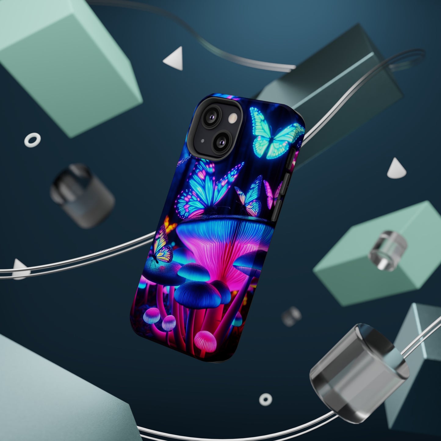 Neon Fantasy Garden Neon Butterflies and Mushrooms Premium Art Magsafe Magnet Tough IPhone 13 14 15 Pro Plus Max and Mini in Matte and Glossy Phone cases