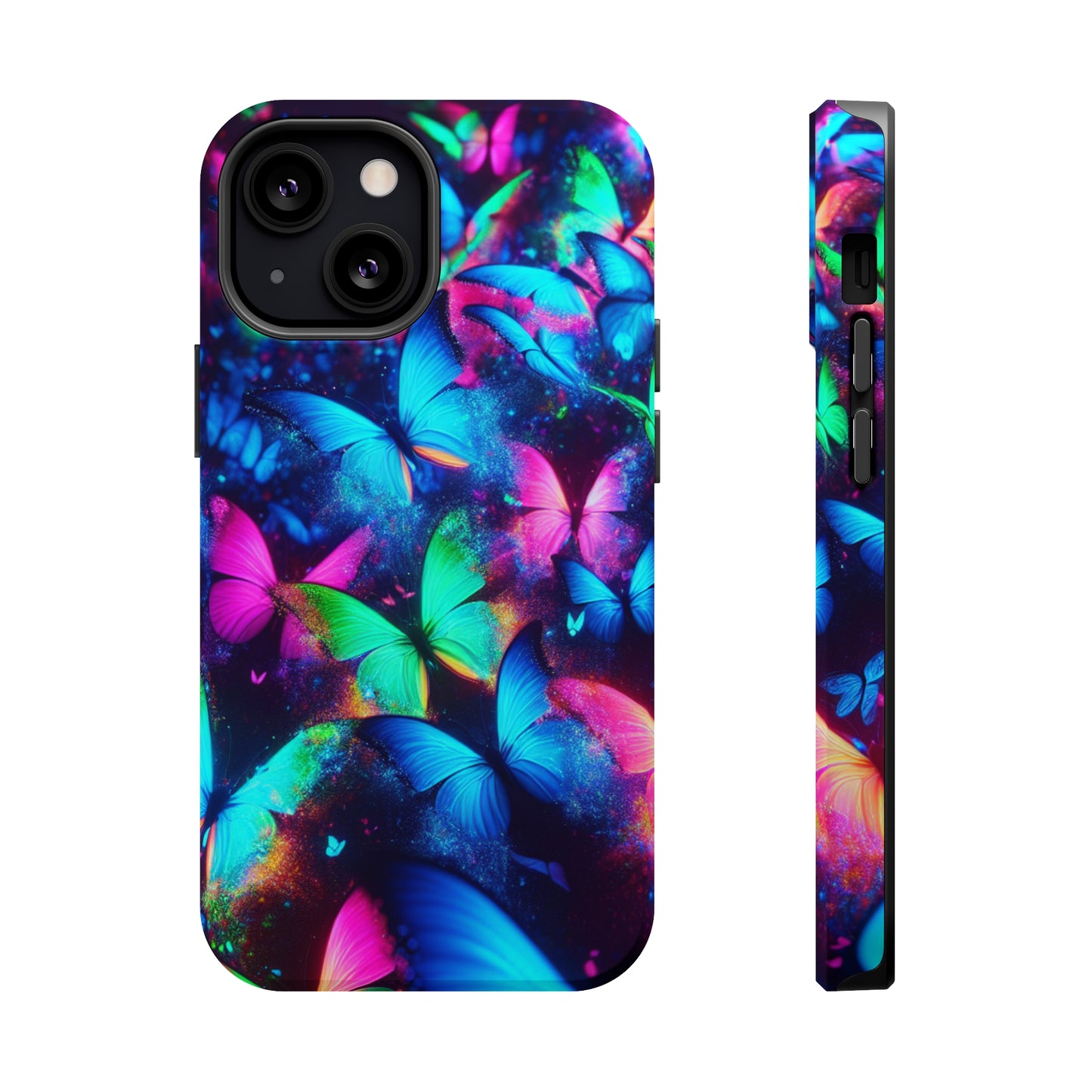 "Neon Flutterglow" Neon Butterflies Premium Art Magsafe Magnet Tough IPhone 13 14 15 Pro Plus Max and Mini in Matte and Glossy Phone cases