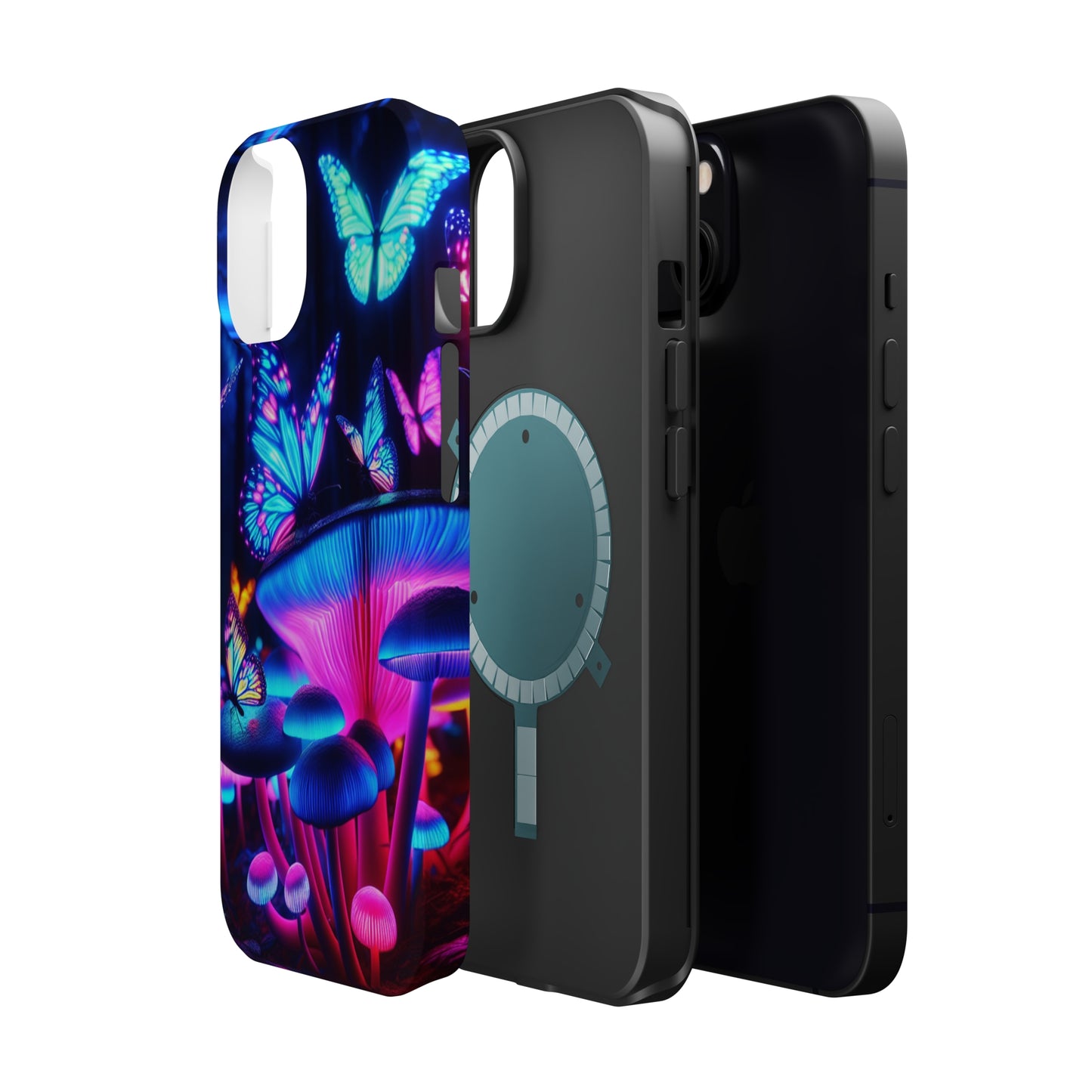 Neon Fantasy Garden Neon Butterflies and Mushrooms Premium Art Magsafe Magnet Tough IPhone 13 14 15 Pro Plus Max and Mini in Matte and Glossy Phone cases
