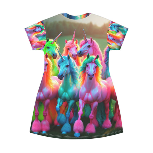 Vibrant Neon Unicorn Carousel Neon Unicorns Womans T Shirt Dress