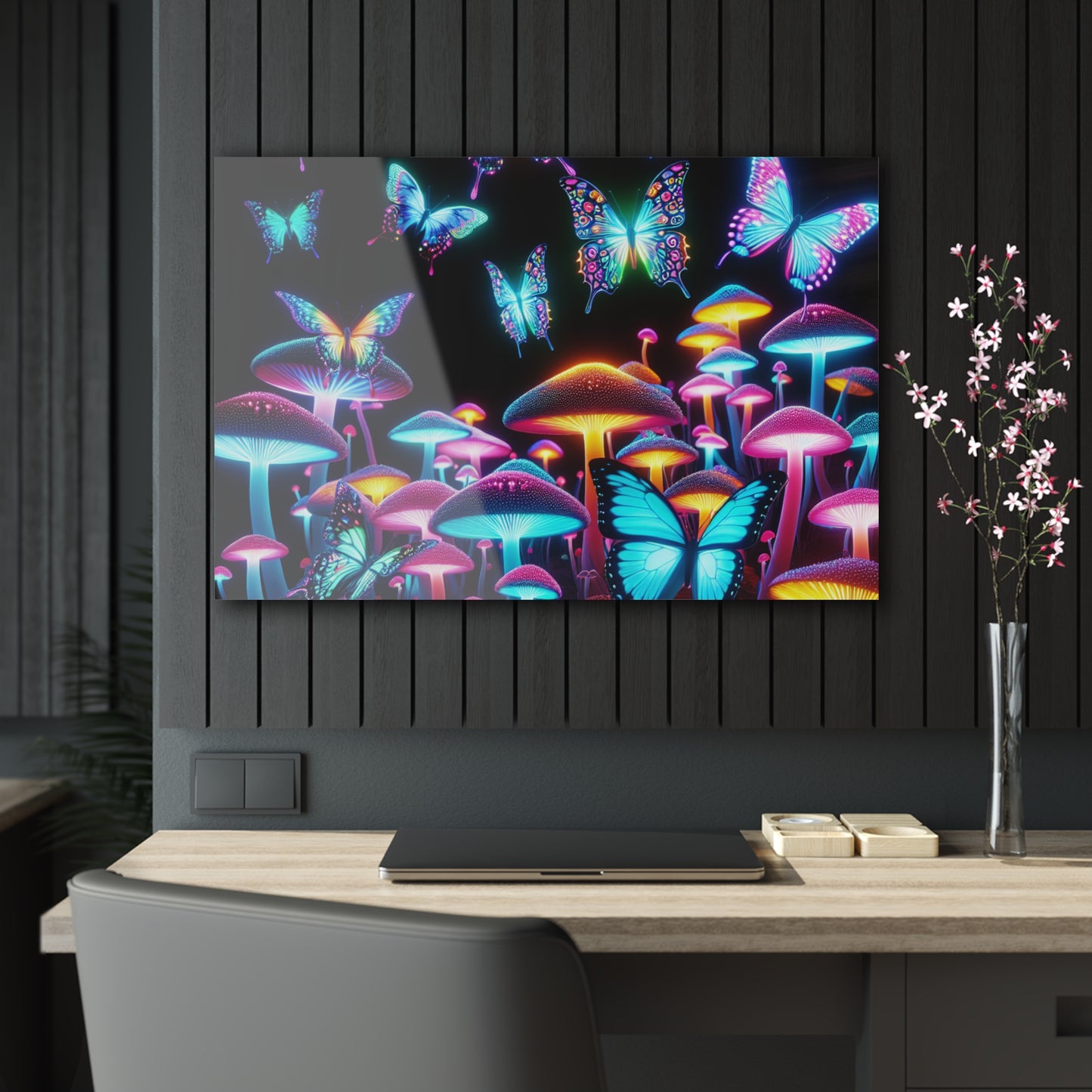"Neon Splendor". Butterflies & Mushrooms 1/4" Glossy Acrylic Art