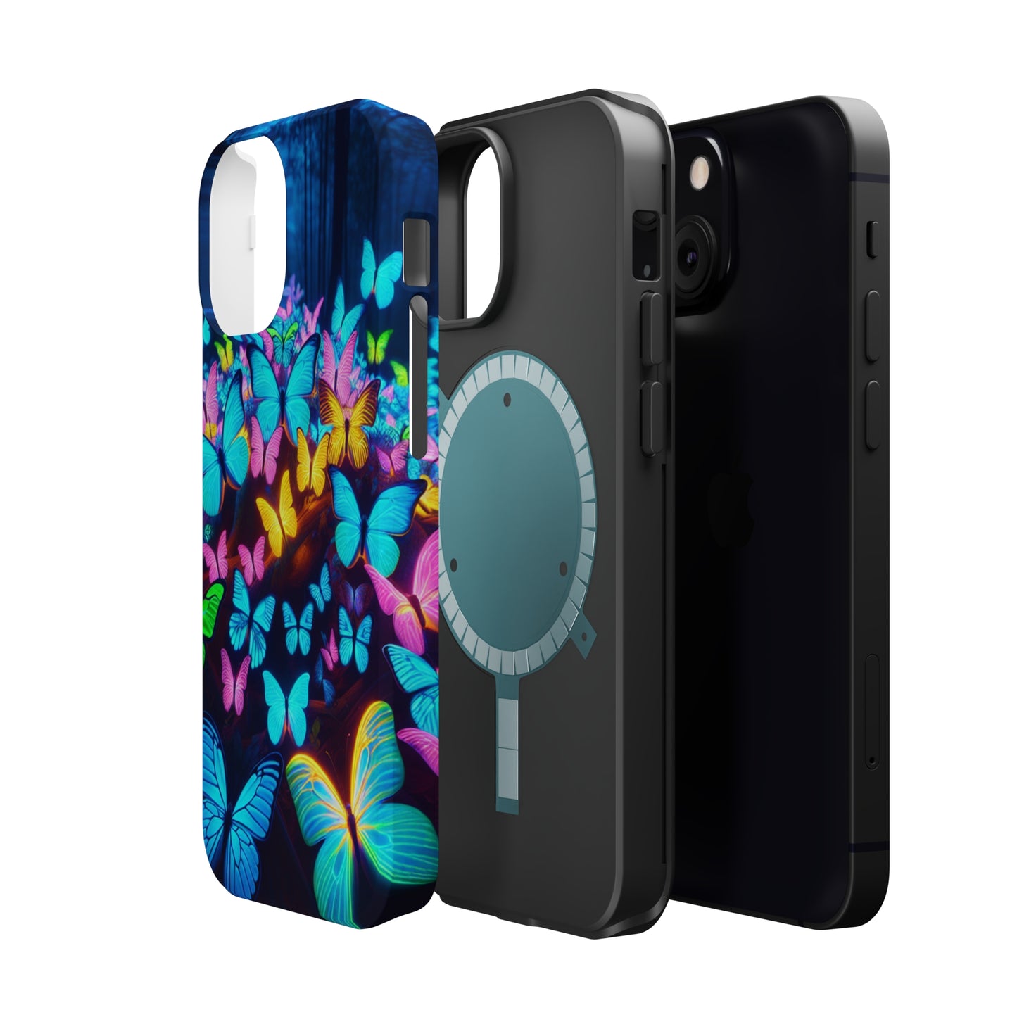 "Scintillating Swirls of Neon Butterflies" Neon Butterflies Premium Art Magsafe Magnet Tough IPhone 13 14 15 Pro Plus Max and Mini in Matte and Glossy Phone cases