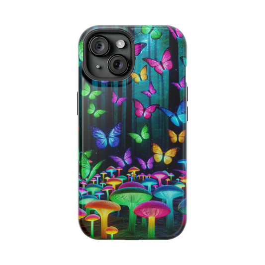 "Vivid Neon Splendor" Neon Butterflies and Mushrooms Premium Art Magsafe Magnet Tough IPhone 13 14 15 Pro Plus Max and Mini in Matte and Glossy Phone cases