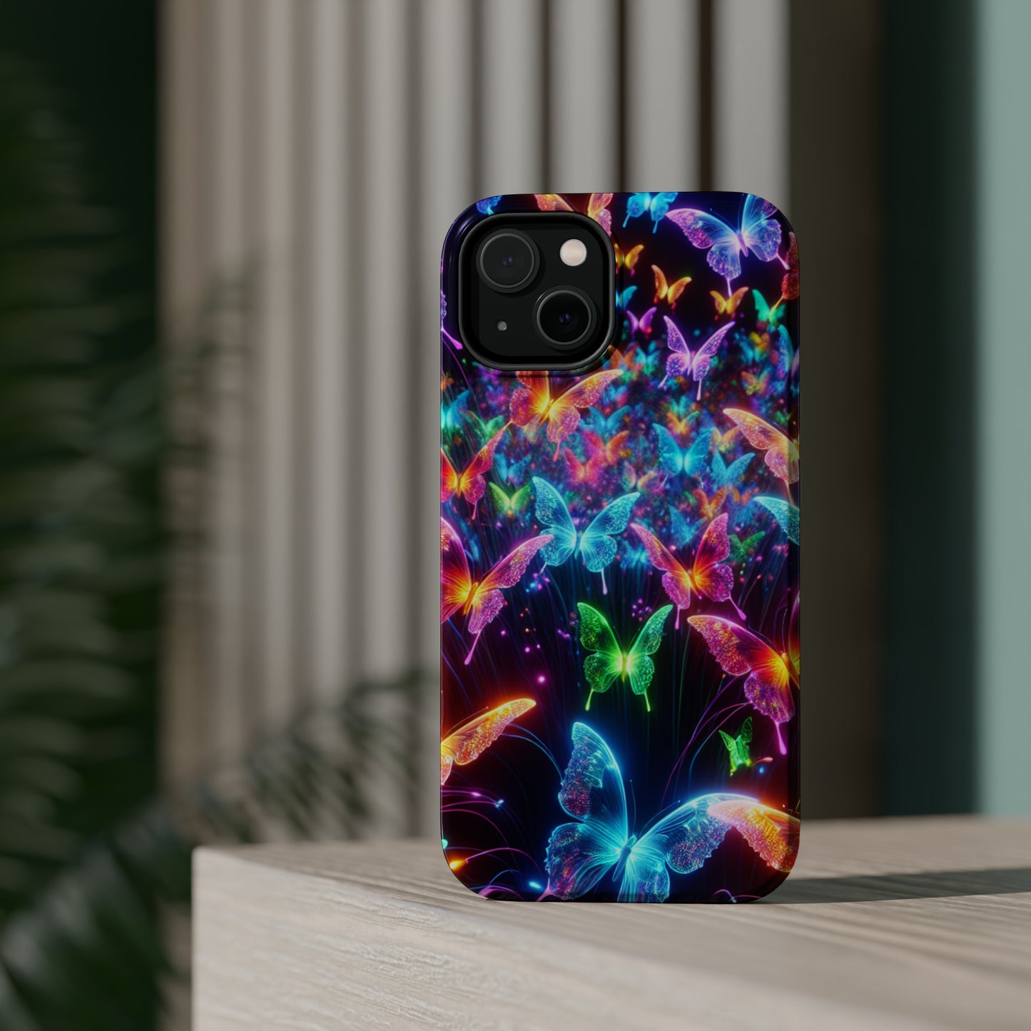 "Neon Flutterburst" Neon Butterflies Premium Art Magsafe Magnet Tough IPhone 13 14 15 Pro Plus Max and Mini in Matte and Glossy Phone cases