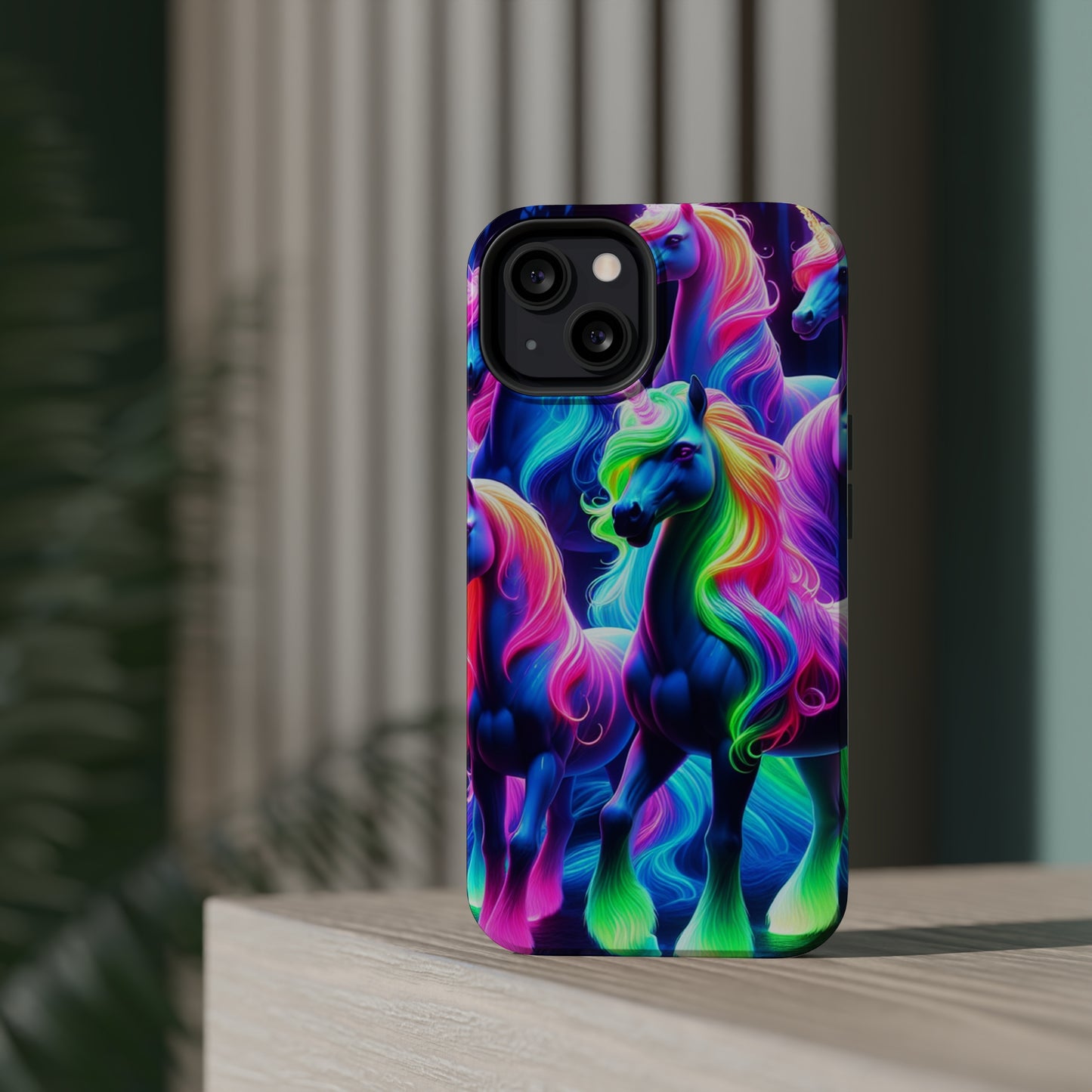 Neon Magic Skies - Unicorn Gang. Neon Unicorns Premium Art Magsafe Magnet Tough IPhone 13 14 15 Pro Plus Max and Mini in Matte and Glossy Phone cases