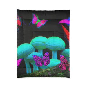 Neon Nature Dreamscape. Butterflies & Mushrooms Comforter Blanket