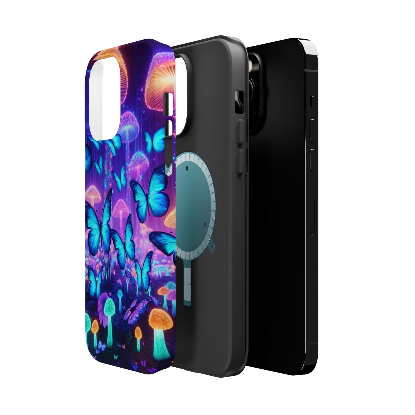 Neon Delight Landscape Neon Butterflies and Mushrooms Premium Art Magsafe Magnet Tough IPhone 13 14 15 Pro Plus Max and Mini in Matte and Glossy Phone cases