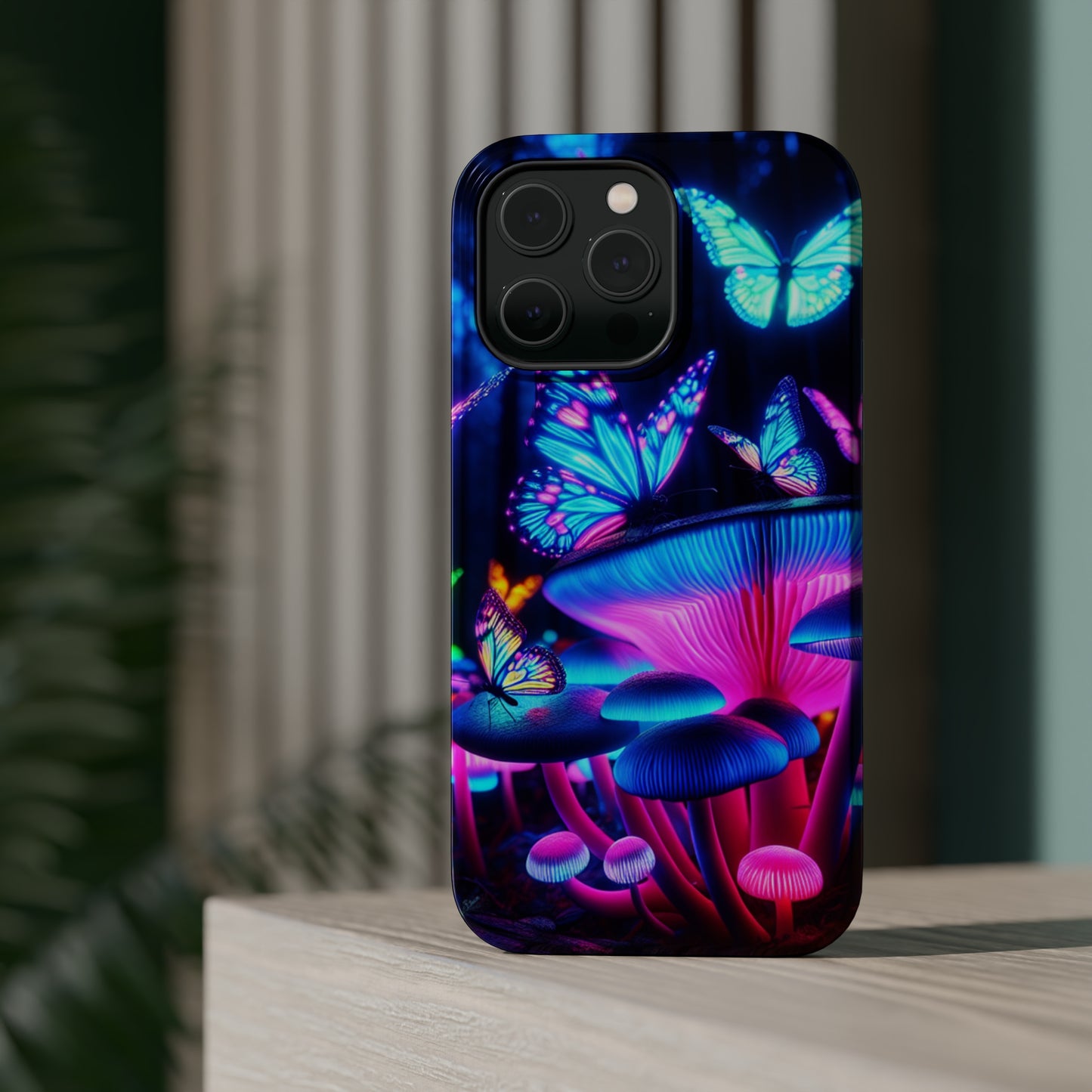 Neon Fantasy Garden Neon Butterflies and Mushrooms Premium Art Magsafe Magnet Tough IPhone 13 14 15 Pro Plus Max and Mini in Matte and Glossy Phone cases