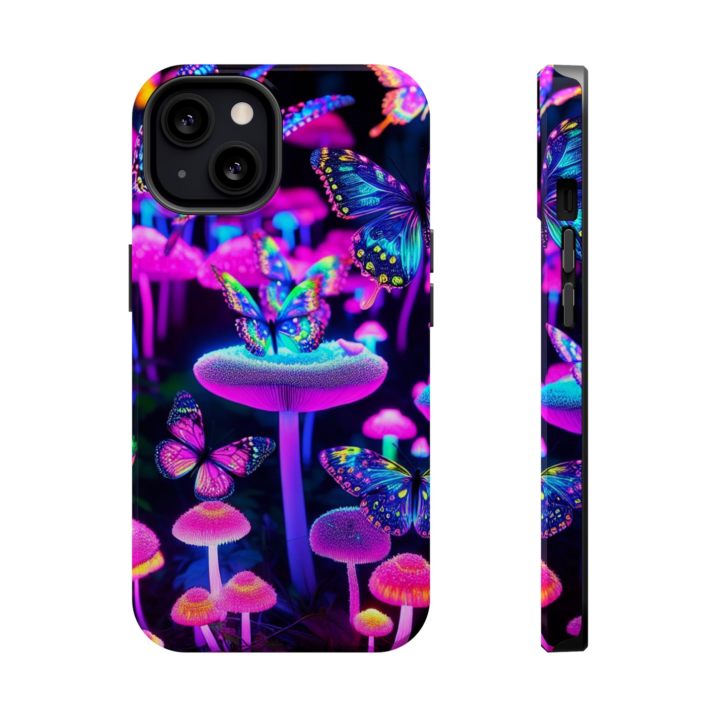 "Neon Gloomsprite Dance" Neon Butterflies and Mushrooms Premium Art Magsafe Magnet Tough IPhone 13 14 15 Pro Plus Max and Mini in Matte and Glossy Phone cases