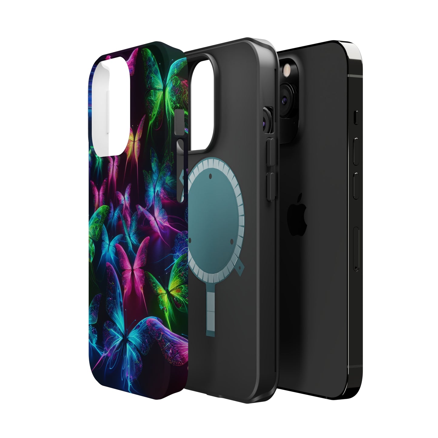 'Euphoria in Neon Flight' Neon Butterflies Premium Art Magsafe Magnet Tough IPhone 13 14 15 Pro Plus Max and Mini in Matte and Glossy Phone cases