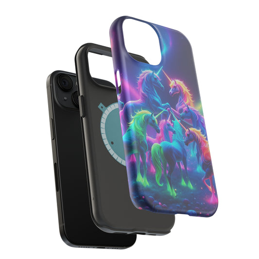 Neon Spectacle of Unicorns Neon Unicorns Premium Art Magsafe Magnet Tough IPhone 13 14 15 Pro Plus Max and Mini in Matte and Glossy Phone cases