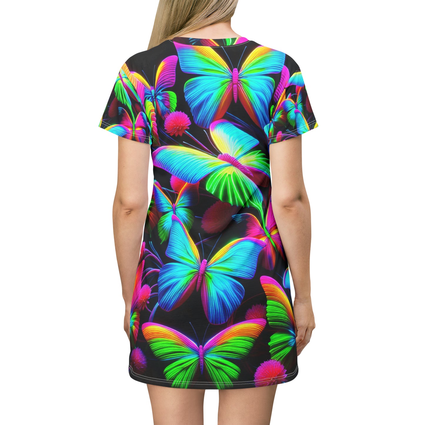 "Shimmering Prismatic Butterfly Flurry" Neon Butterflies Womans T Shirt Dress