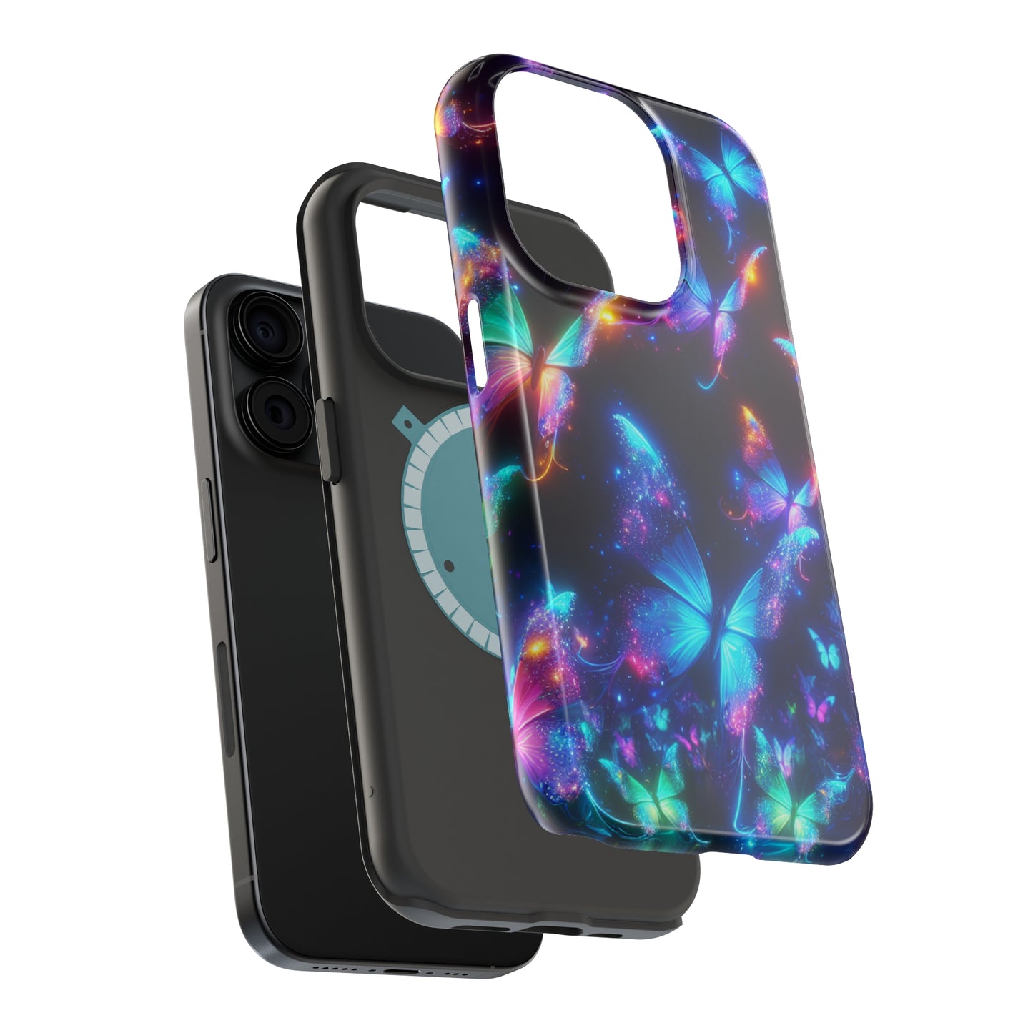 "Electrically Vivid Reverie" Neon Butterflies Premium Art Magsafe Magnet Tough IPhone 13 14 15 Pro Plus Max and Mini in Matte and Glossy Phone cases