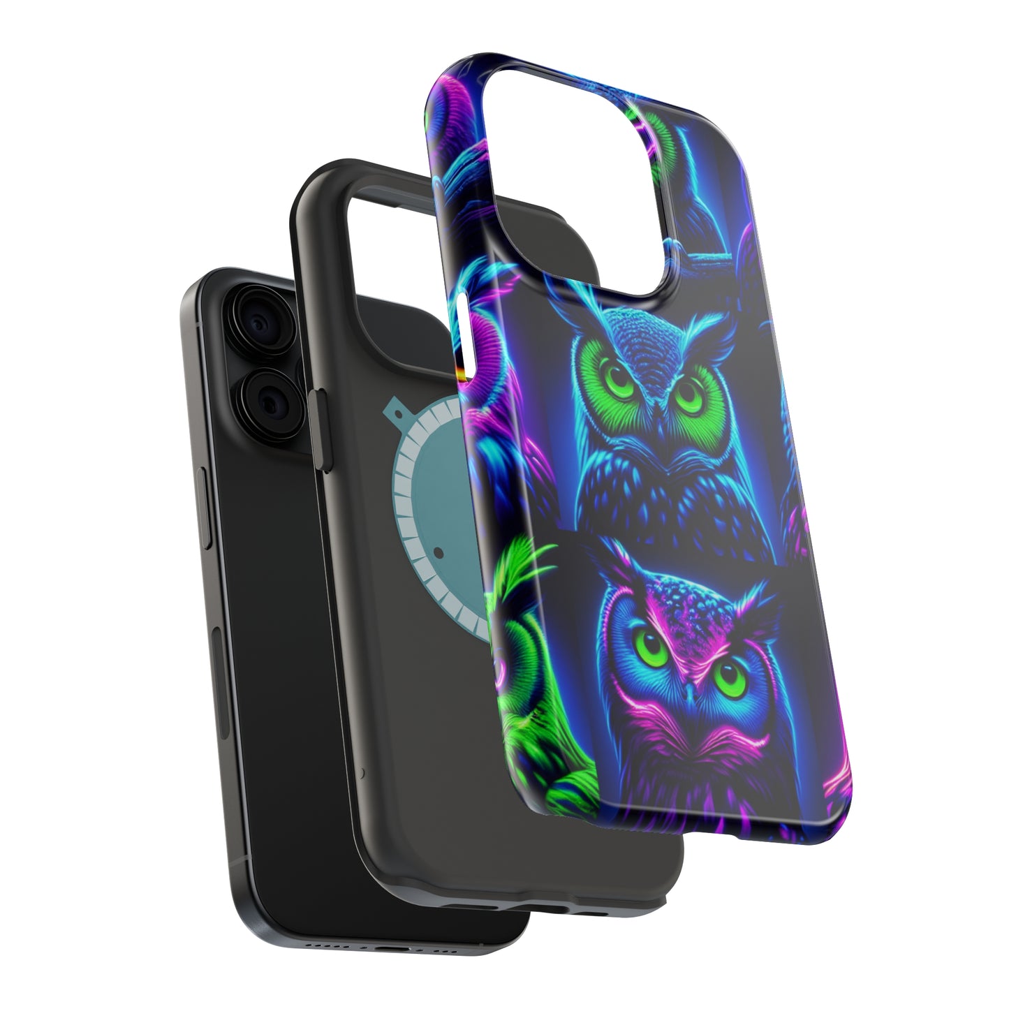 "Neon Nocturne" Neon Owls Premium Art Magsafe Magnet Tough IPhone 13 14 15 Pro Plus Max and Mini in Matte and Glossy Phone cases