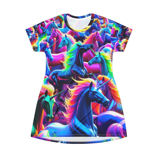 "Vividly Joyful Unicorns" Neon Unicorns Womans T Shirt Dress
