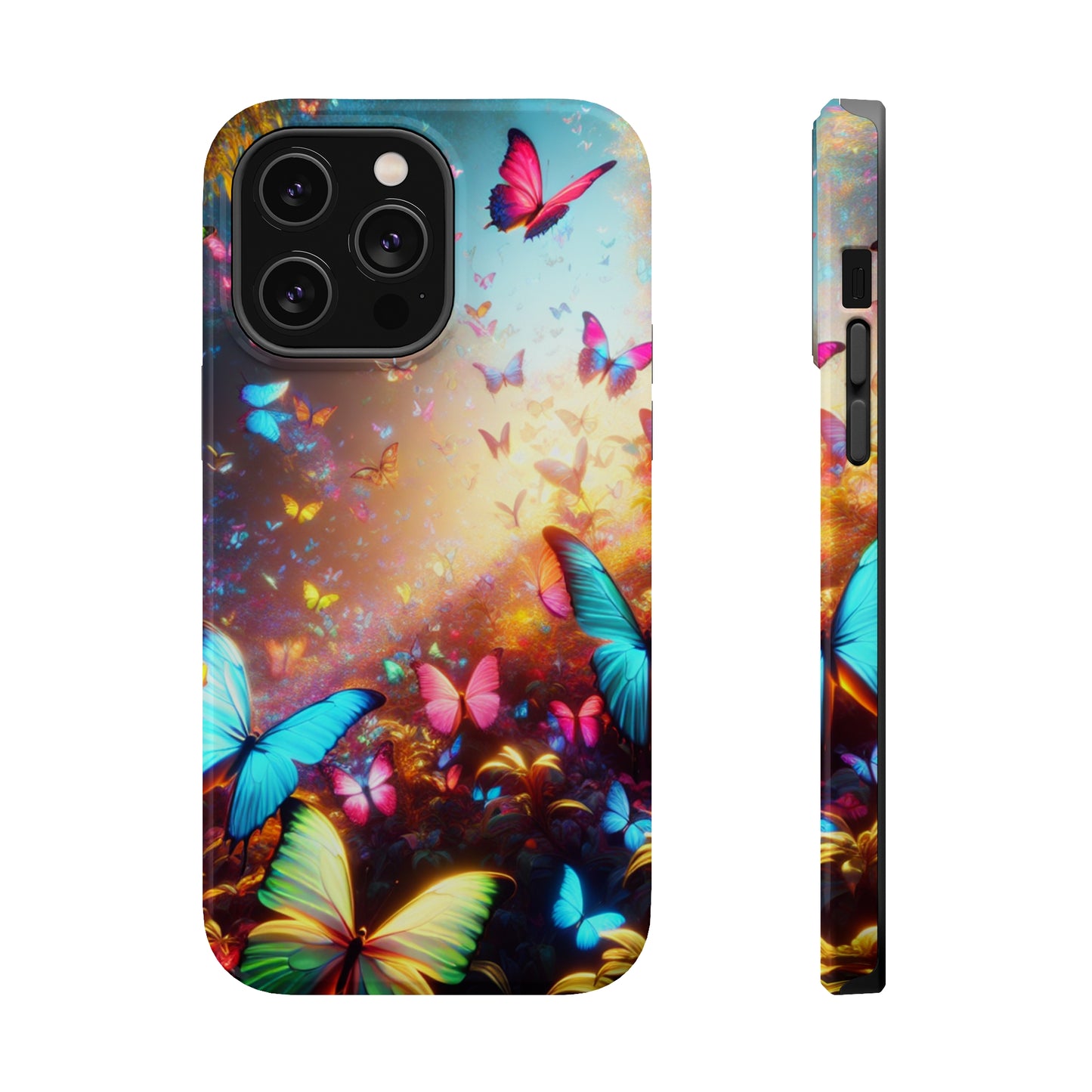 "Neon Butterfly Blooms" Neon Butterflies Premium Art Magsafe Magnet Tough IPhone 13 14 15 Pro Plus Max and Mini in Matte and Glossy Phone cases
