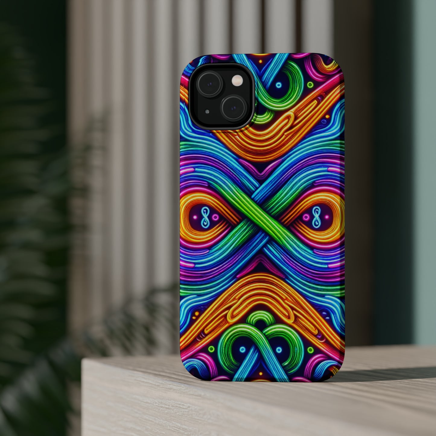 Cosmic Neon Infinity Spectacular. Neon Trippy Infinity Patterns Premium Art Magsafe Magnet Tough IPhone 13 14 15 Pro Plus Max and Mini in Matte and Glossy Phone cases