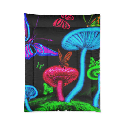 "Vibrant Nectar Dreamscape" Butterflies & Mushrooms Comforter Blanket