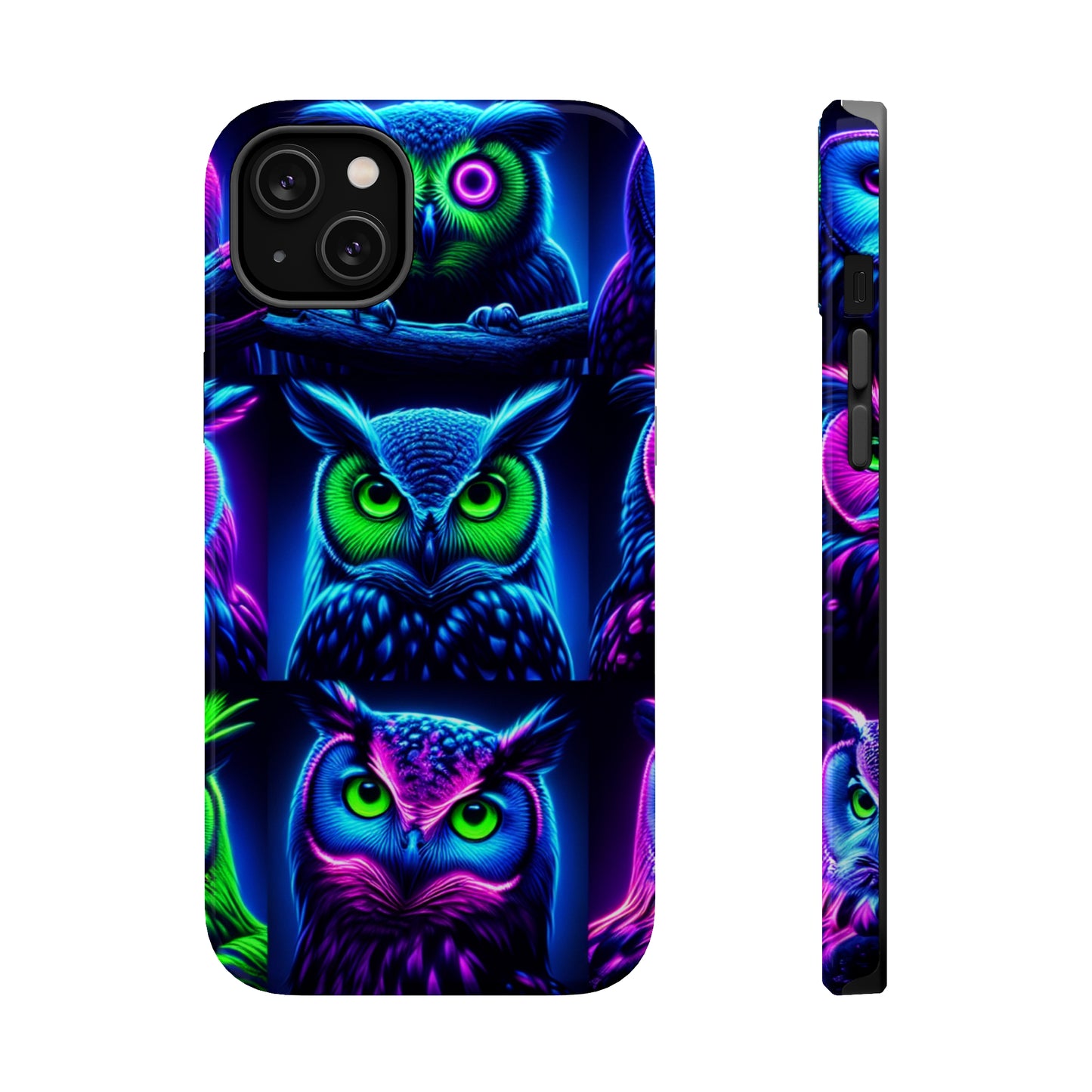 "Neon Nocturne" Neon Owls Premium Art Magsafe Magnet Tough IPhone 13 14 15 Pro Plus Max and Mini in Matte and Glossy Phone cases
