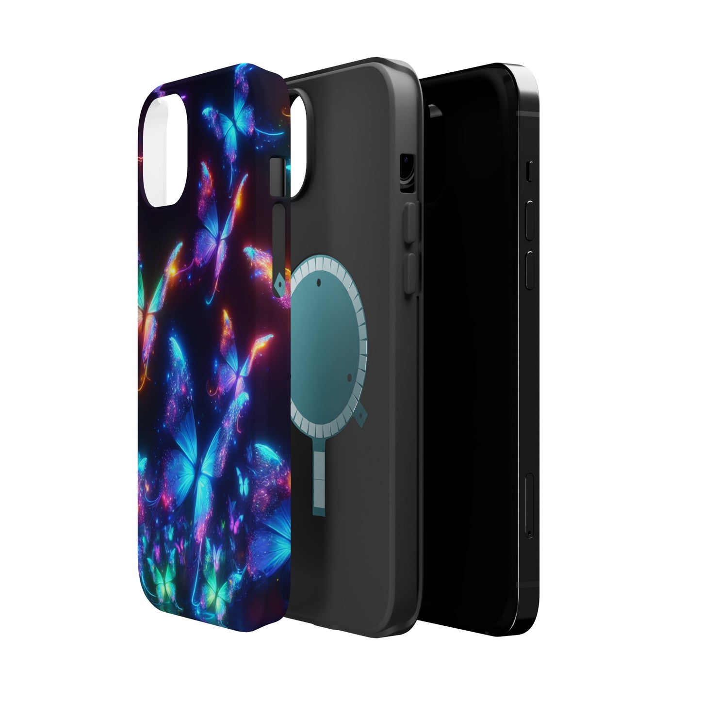 "Electrically Vivid Reverie" Neon Butterflies Premium Art Magsafe Magnet Tough IPhone 13 14 15 Pro Plus Max and Mini in Matte and Glossy Phone cases