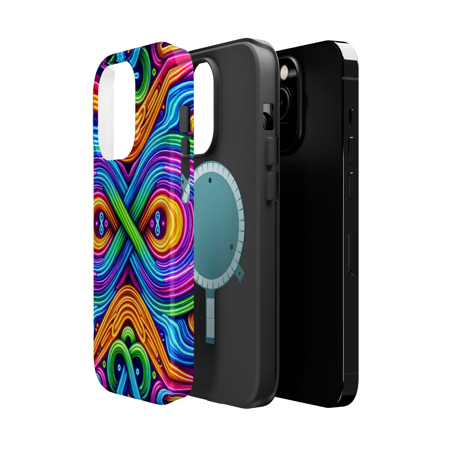 Cosmic Neon Infinity Spectacular. Neon Trippy Infinity Patterns Premium Art Magsafe Magnet Tough IPhone 13 14 15 Pro Plus Max and Mini in Matte and Glossy Phone cases
