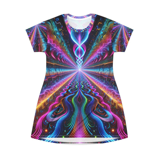 Cosmic Neon Fractal Labyrinth Infinity Patterns Womans T Shirt Dress