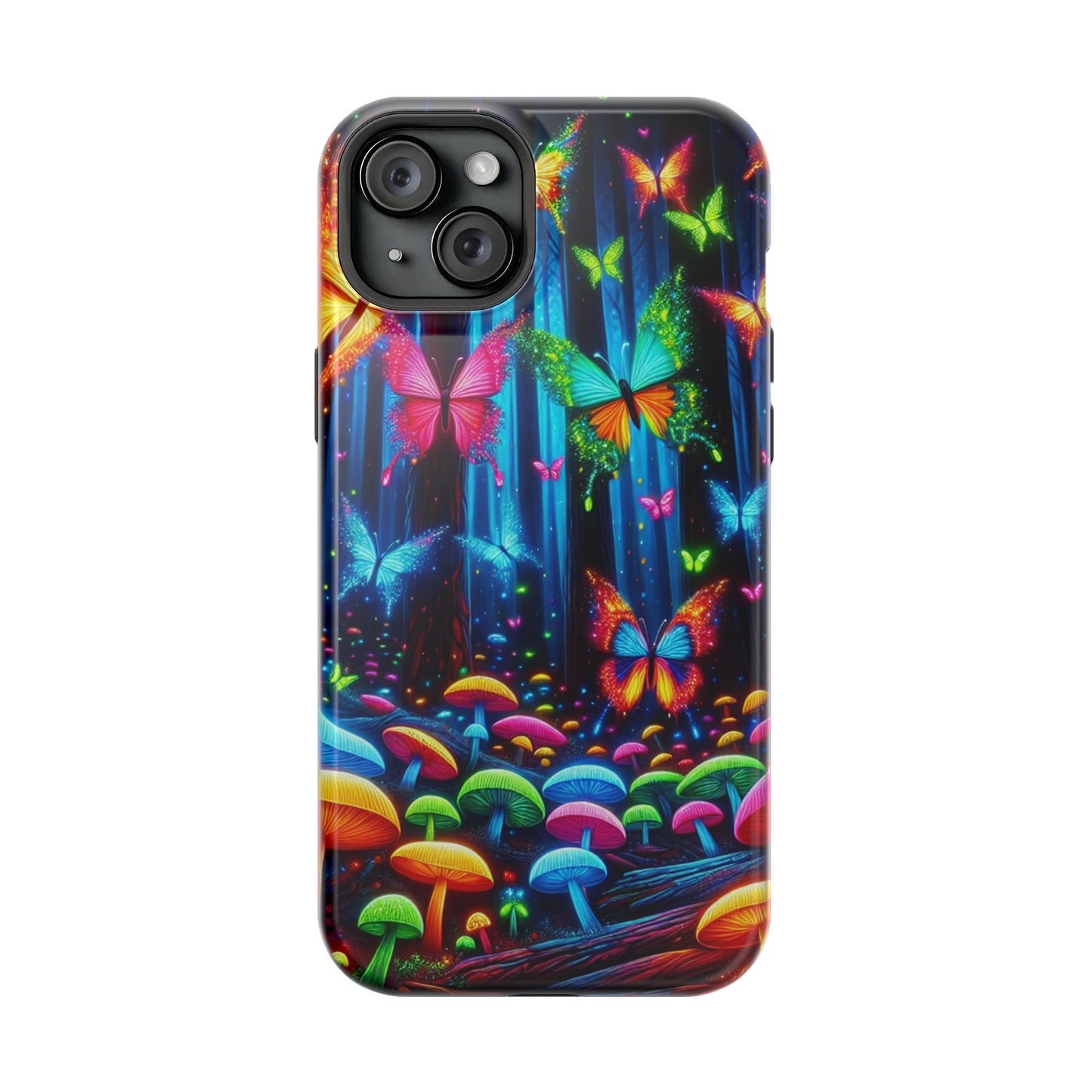 Neon Fantasia. Neon Butterflies and Mushrooms Premium Art Magsafe Magnet Tough IPhone 13 14 15 Pro Plus Max and Mini in Matte and Glossy Phone cases