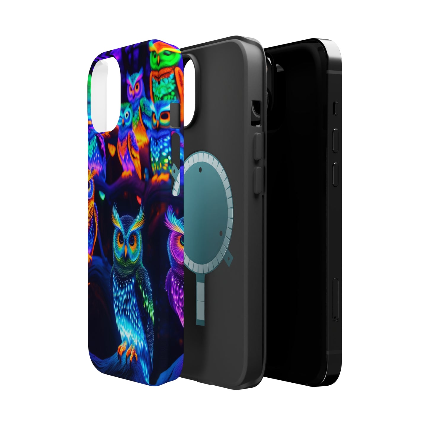 Glowing Neon Clan. Neon Owls Premium Art Magsafe Magnet Tough IPhone 13 14 15 Pro Plus Max and Mini in Matte and Glossy Phone cases