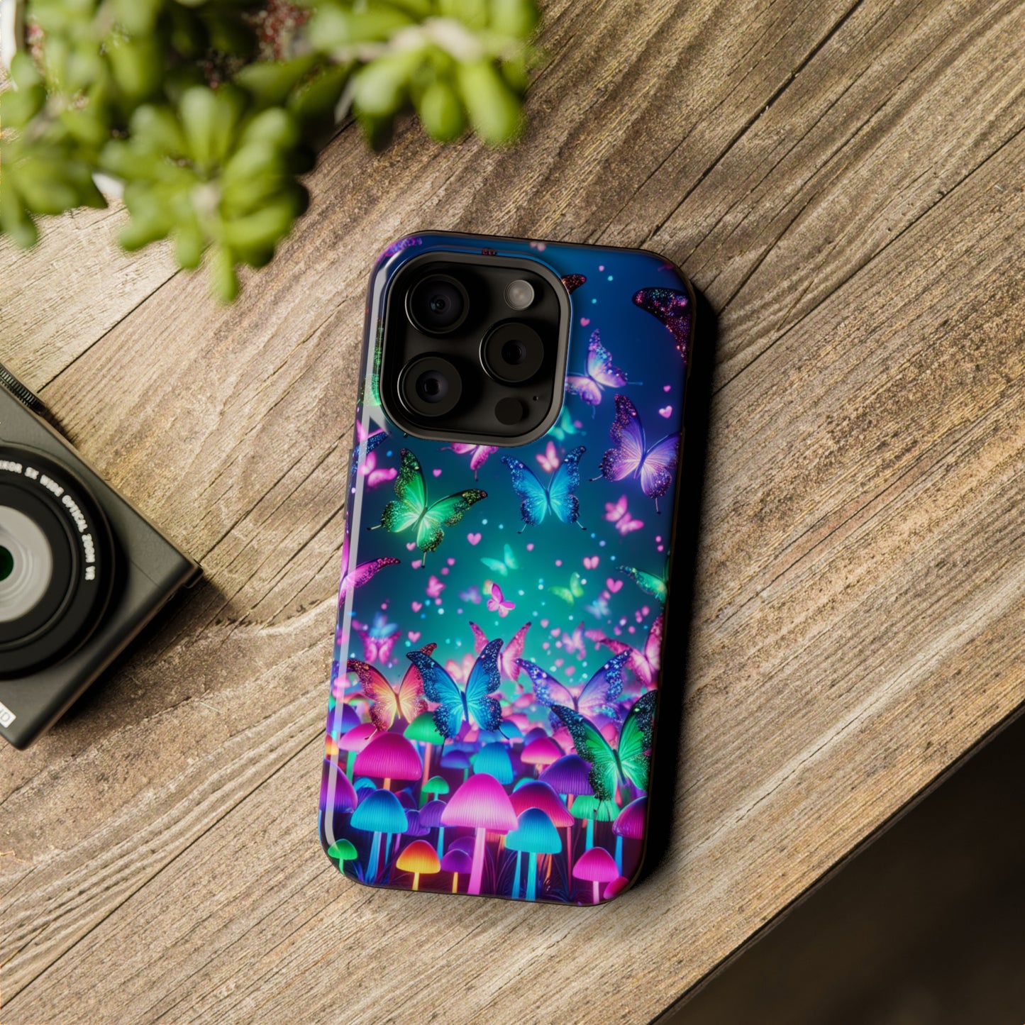 Neon Eden. Neon Butterflies and Mushrooms Premium Art Magsafe Magnet Tough IPhone 13 14 15 Pro Plus Max and Mini in Matte and Glossy Phone cases