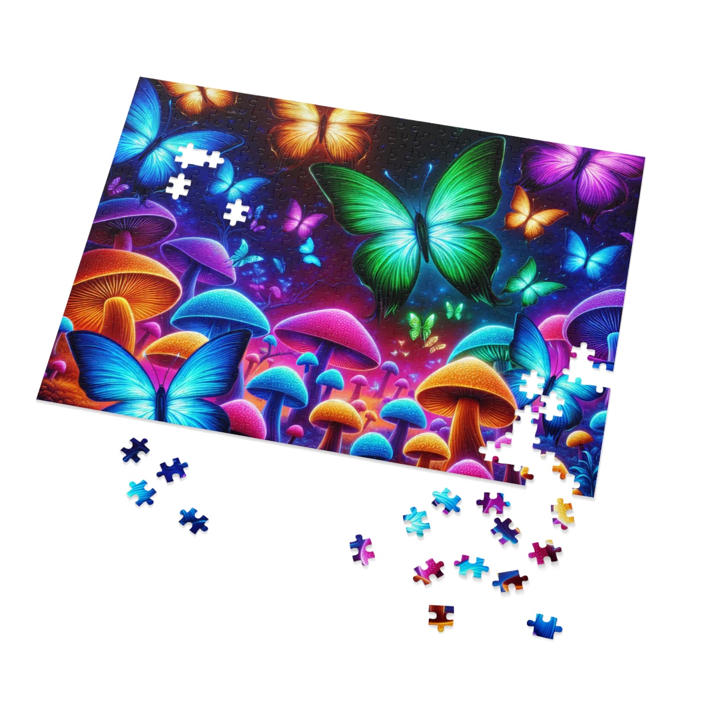 Neon Splurge. - Neon Butterflies and Mushrooms Puzzle 30, 110, 252, and 1000 Pieces
