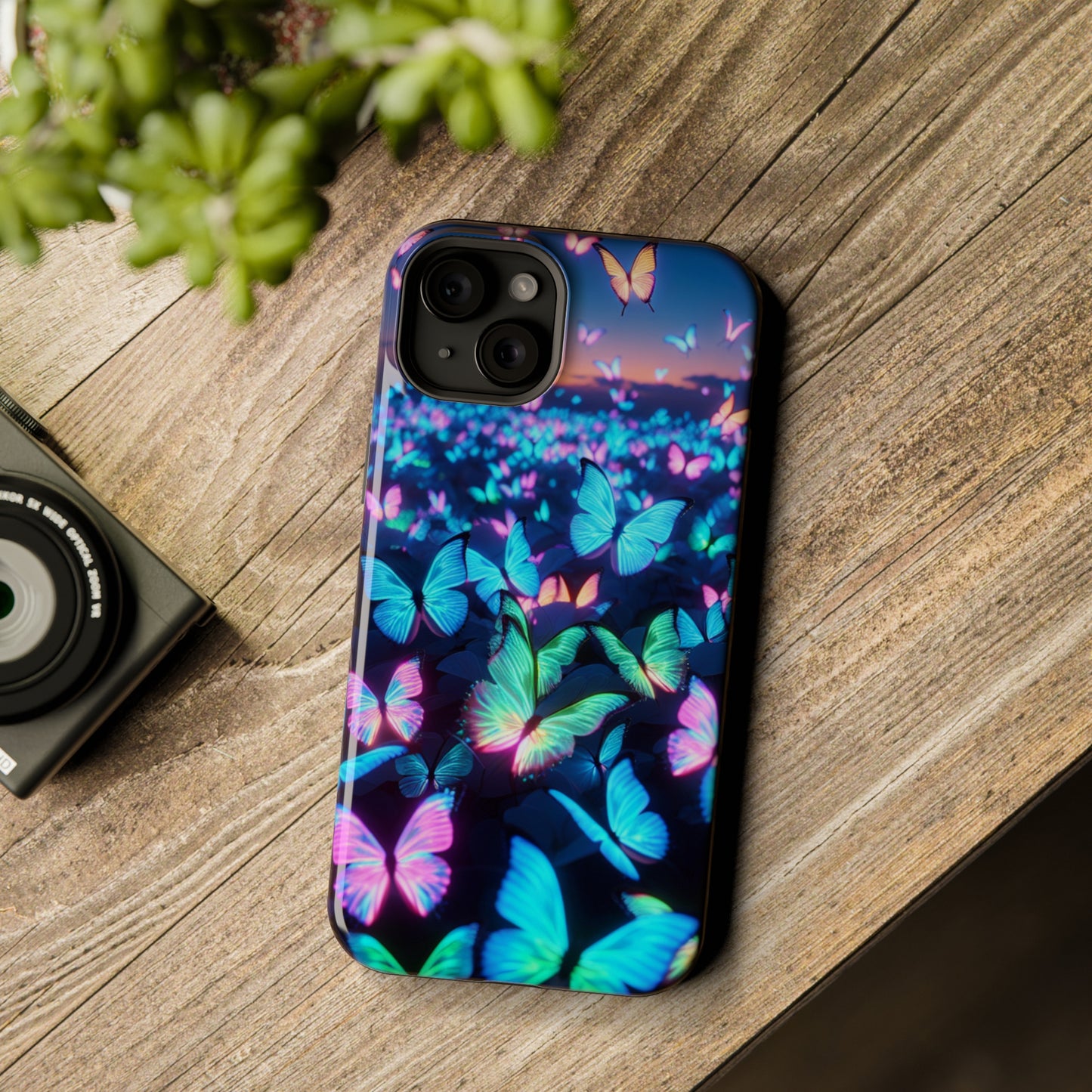 "Fantasia of Neon Butterflies" Neon Butterflies Premium Art Magsafe Magnet Tough IPhone 13 14 15 Pro Plus Max and Mini in Matte and Glossy Phone cases