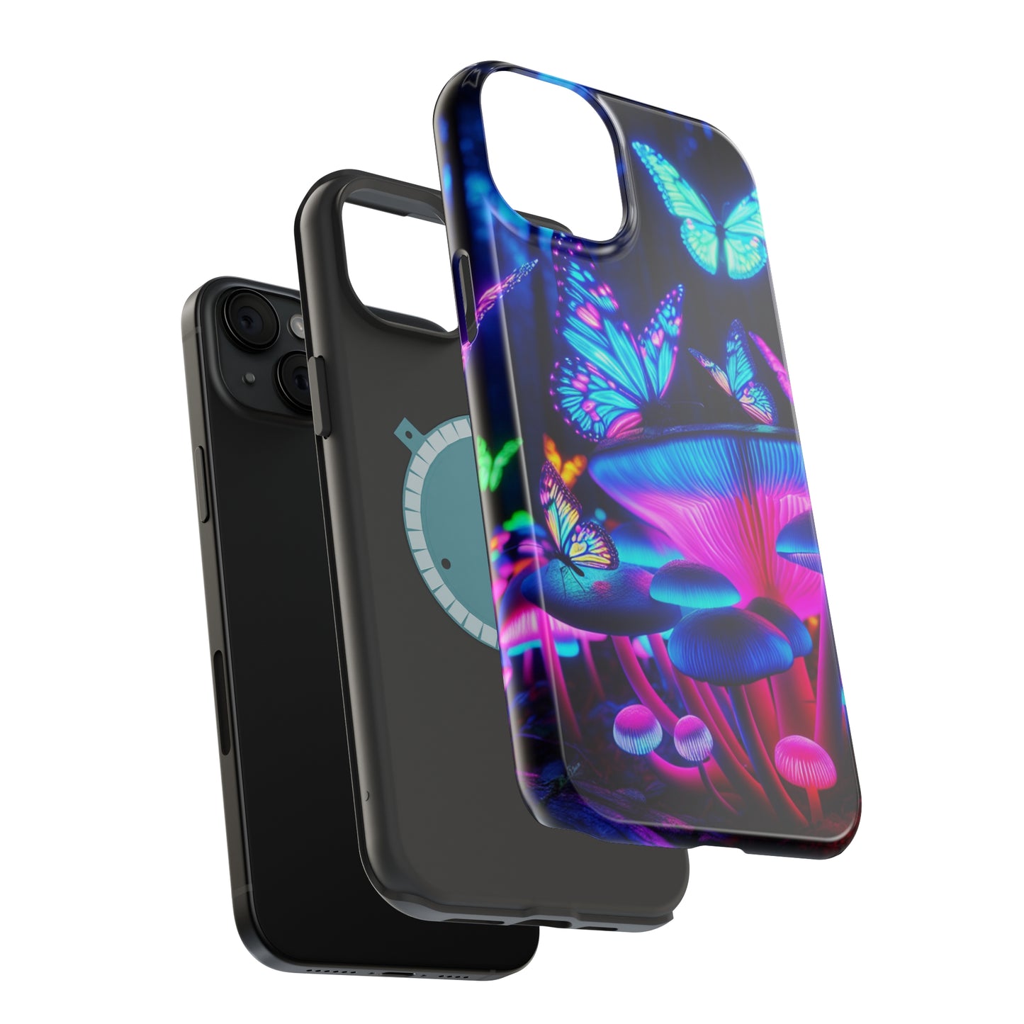 Neon Fantasy Garden Neon Butterflies and Mushrooms Premium Art Magsafe Magnet Tough IPhone 13 14 15 Pro Plus Max and Mini in Matte and Glossy Phone cases