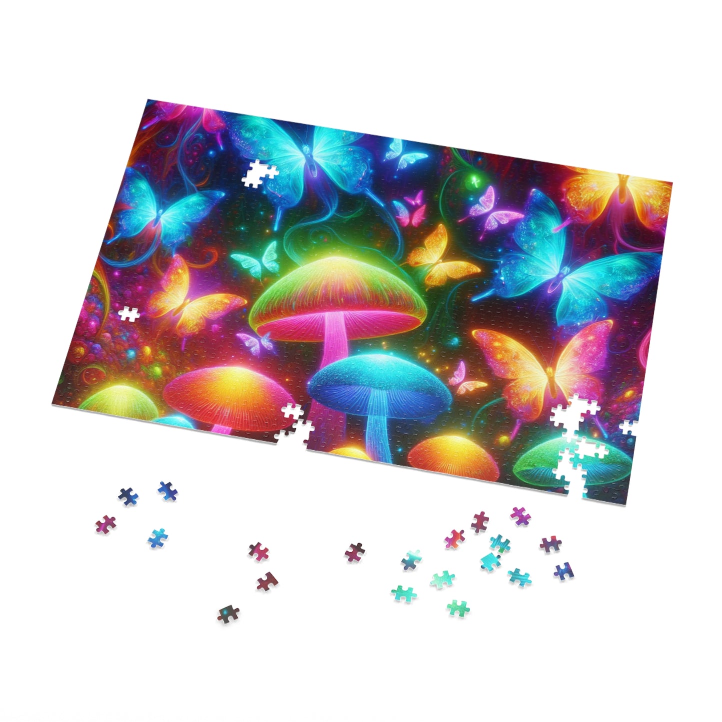 Neon Fluttergleam. - Neon Butterflies and Mushrooms Puzzle 30, 110, 252, and 1000 Pieces