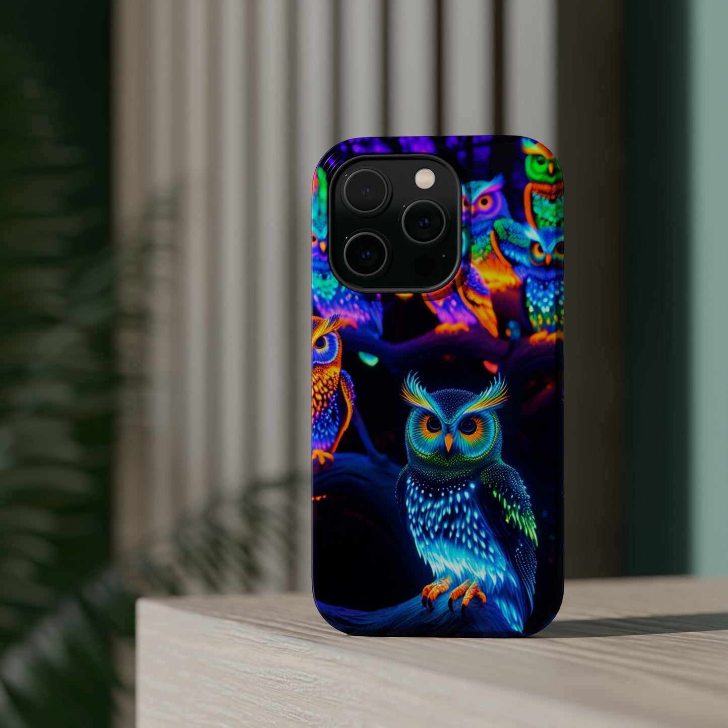 Glowing Neon Clan. Neon Owls Premium Art Magsafe Magnet Tough IPhone 13 14 15 Pro Plus Max and Mini in Matte and Glossy Phone cases