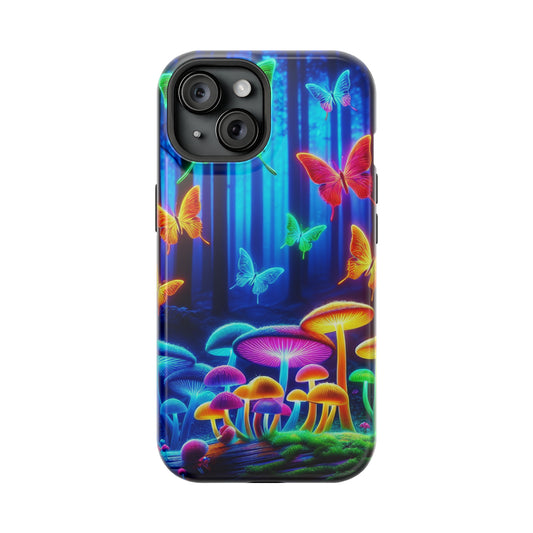"Neon Garden Delight" Neon Butterflies and Mushrooms Premium Art Magsafe Magnet Tough IPhone 13 14 15 Pro Plus Max and Mini in Matte and Glossy Phone cases