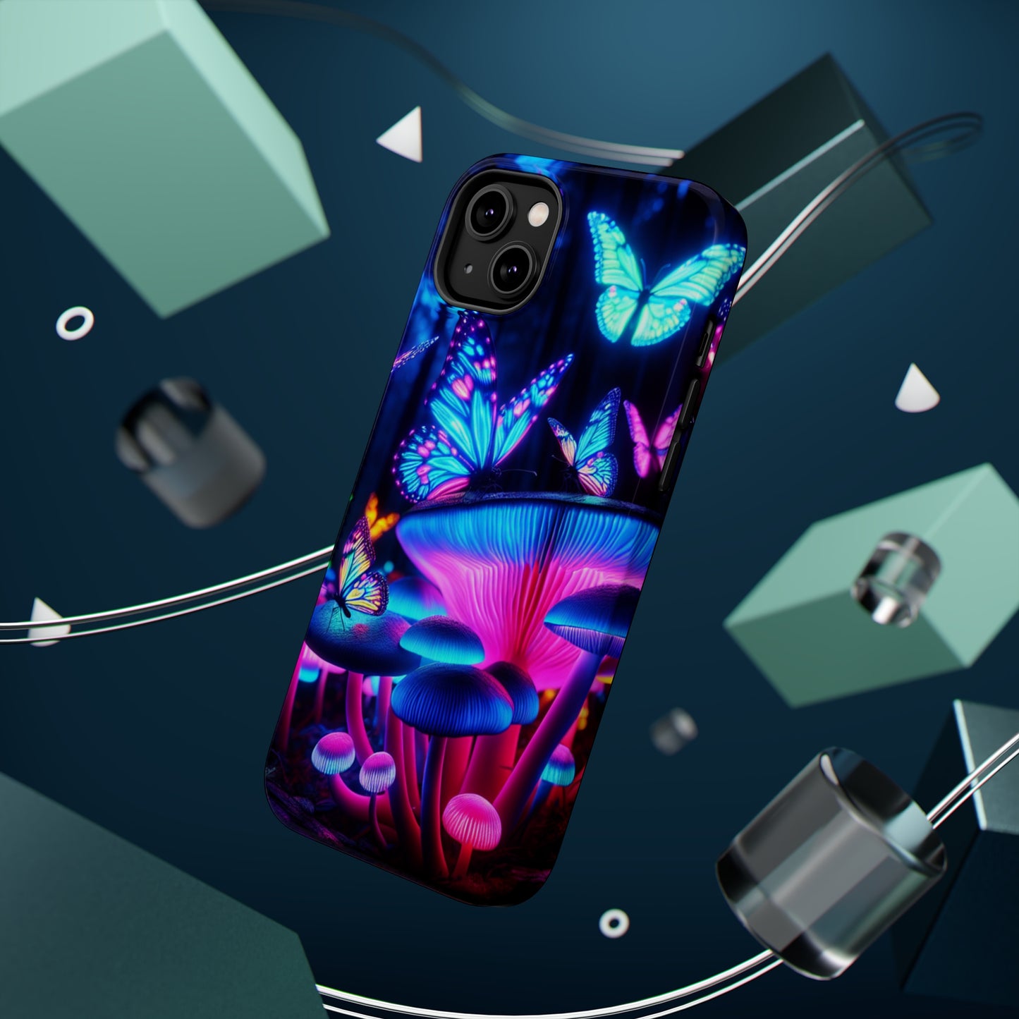Neon Fantasy Garden Neon Butterflies and Mushrooms Premium Art Magsafe Magnet Tough IPhone 13 14 15 Pro Plus Max and Mini in Matte and Glossy Phone cases