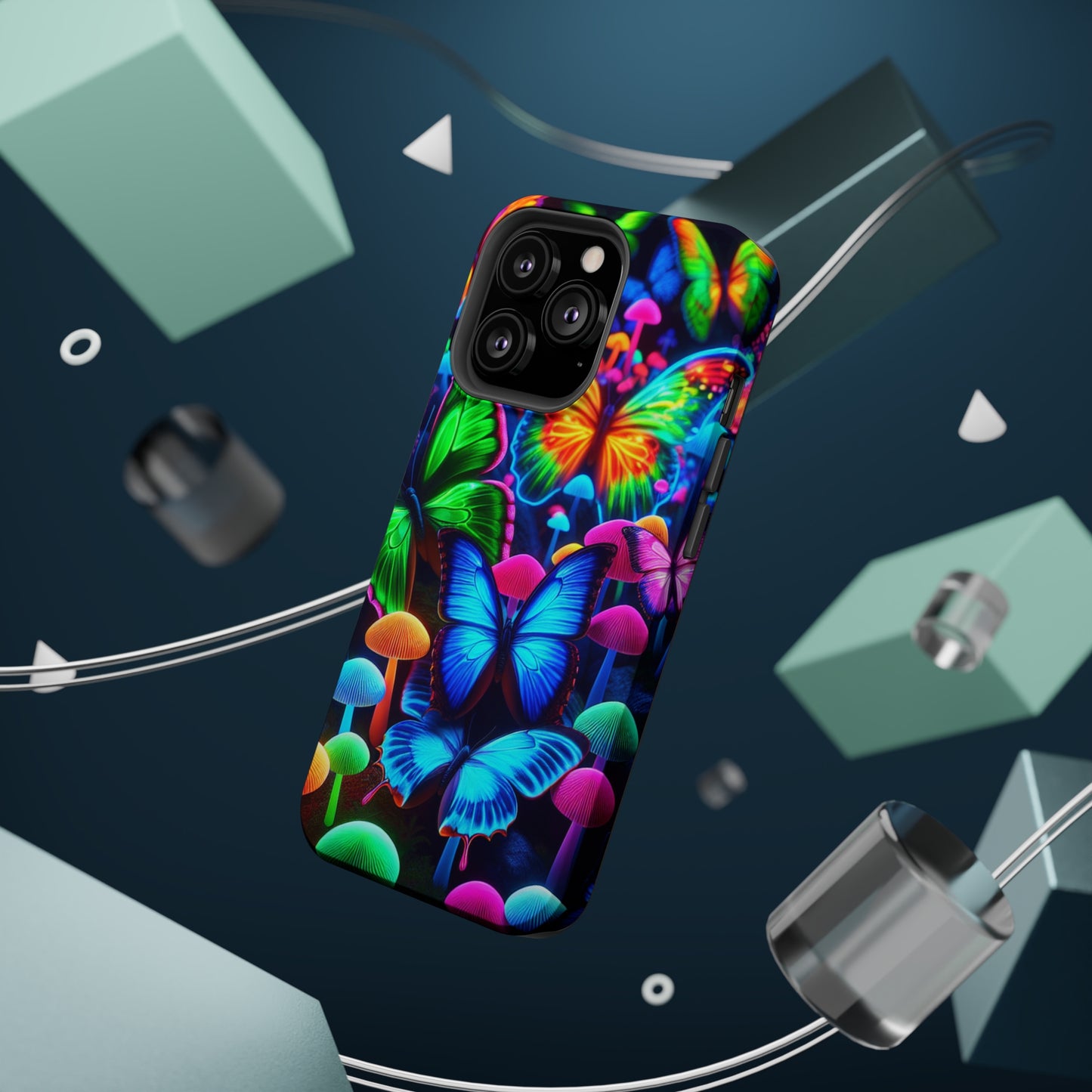 "Fantastic Fruition" Neon Butterflies and Mushrooms Premium Art Magsafe Magnet Tough IPhone 13 14 15 Pro Plus Max and Mini in Matte and Glossy Phone cases
