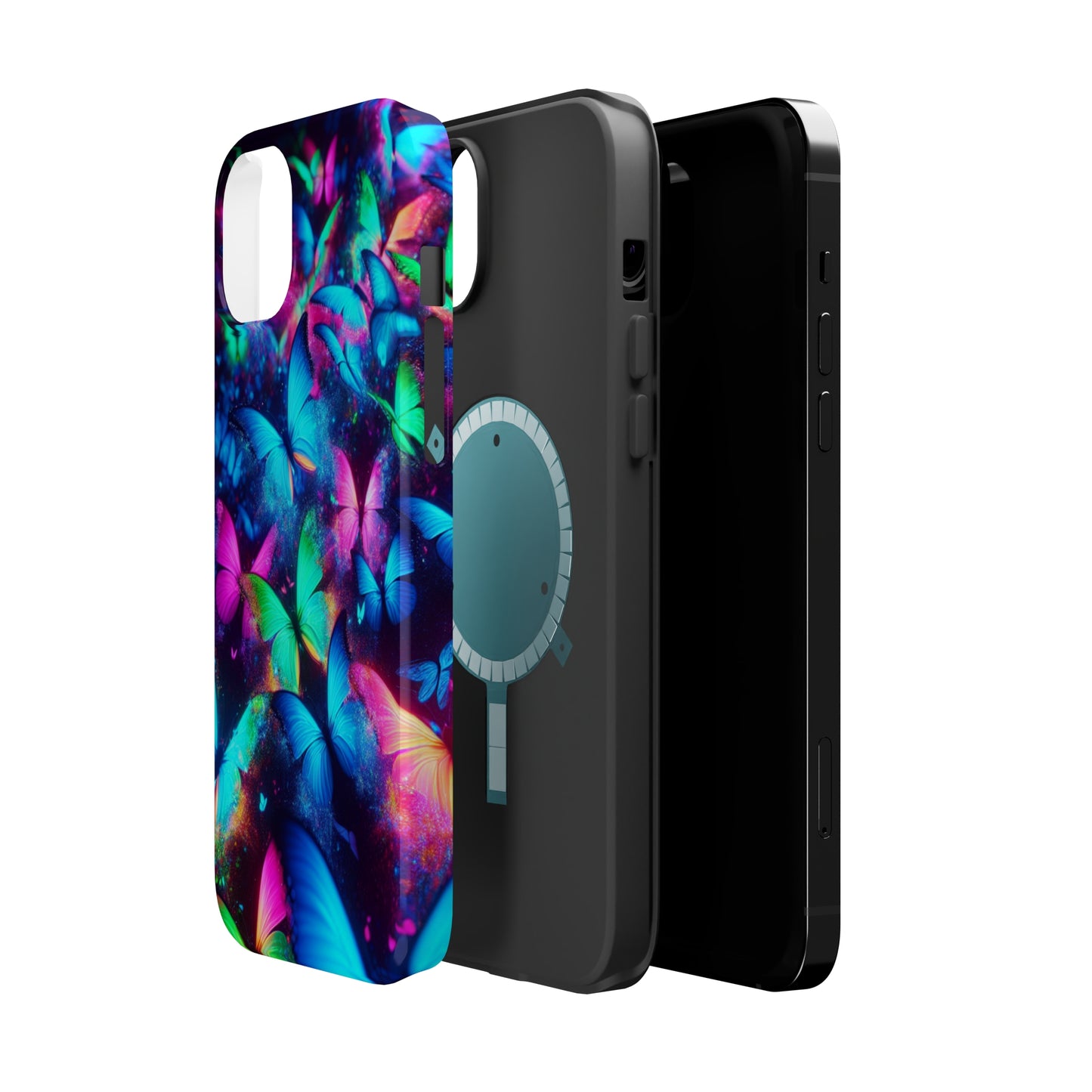 "Neon Flutterglow" Neon Butterflies Premium Art Magsafe Magnet Tough IPhone 13 14 15 Pro Plus Max and Mini in Matte and Glossy Phone cases