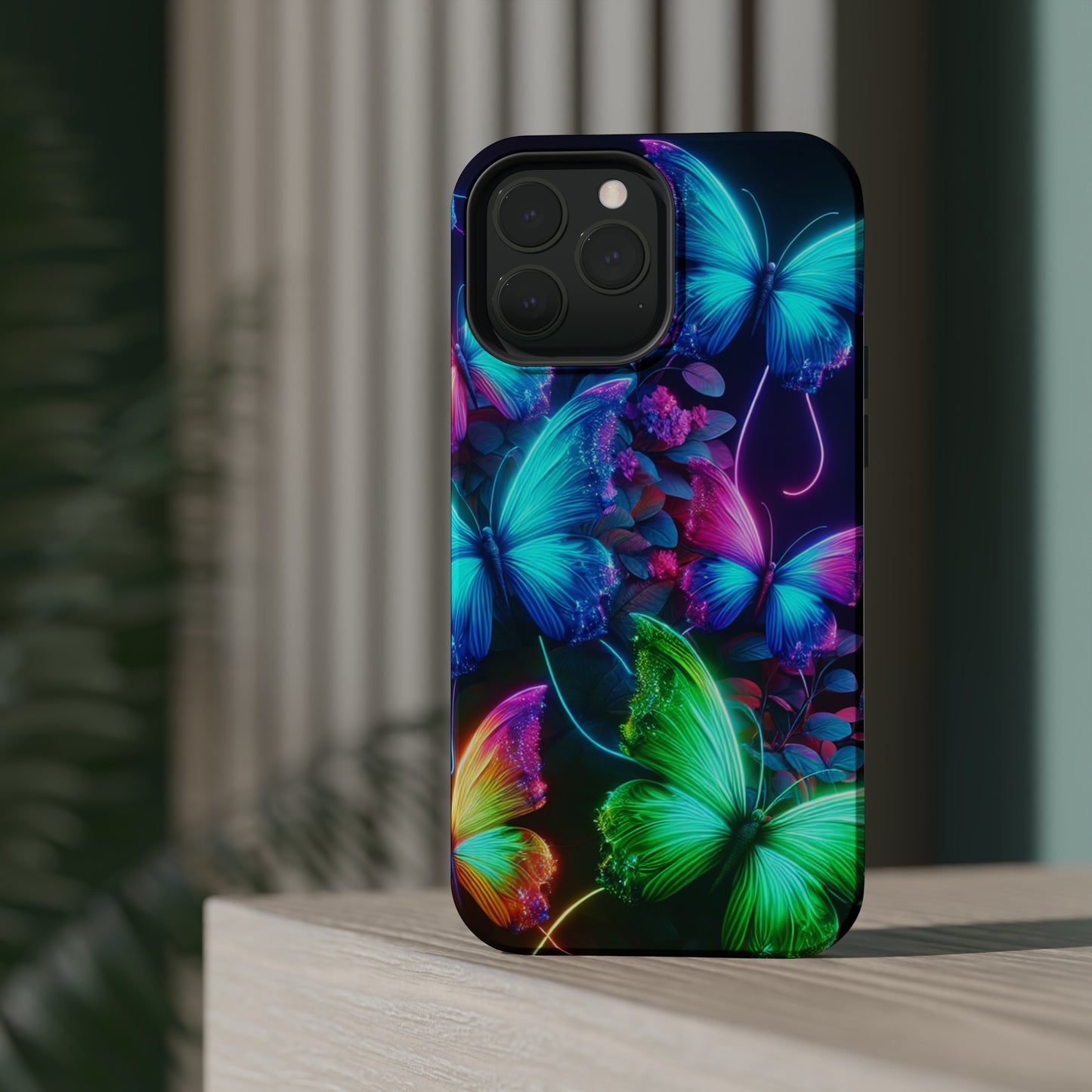 Neon Flutter Symphony Neon Butterflies Premium Art Magsafe Magnet Tough IPhone 13 14 15 Pro Plus Max and Mini in Matte and Glossy Phone cases