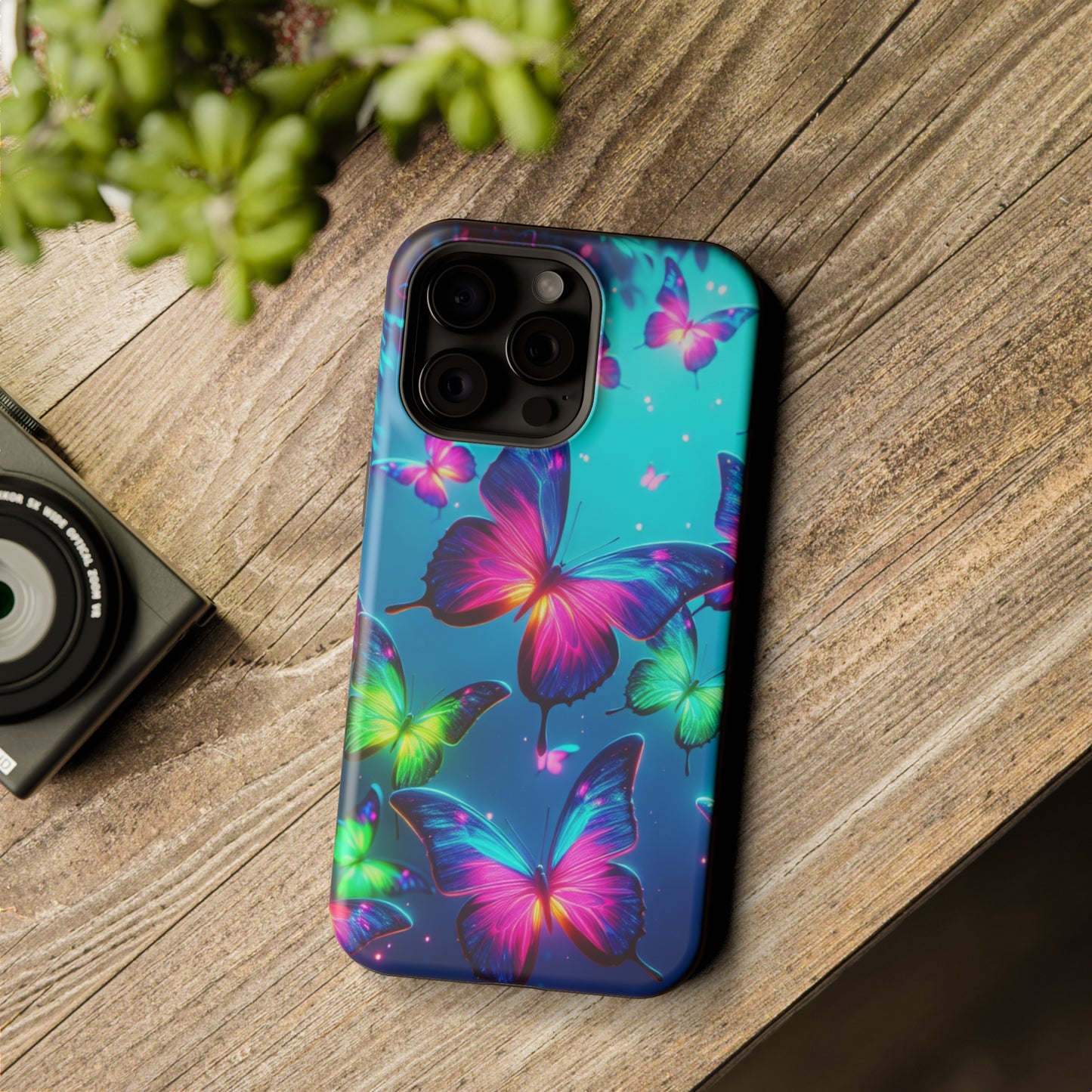 Vivid Glinting Neon Butterflies Neon Butterflies Premium Art Magsafe Magnet Tough IPhone 13 14 15 Pro Plus Max and Mini in Matte and Glossy Phone cases