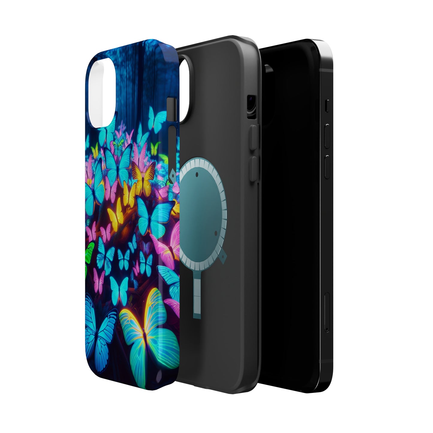"Scintillating Swirls of Neon Butterflies" Neon Butterflies Premium Art Magsafe Magnet Tough IPhone 13 14 15 Pro Plus Max and Mini in Matte and Glossy Phone cases