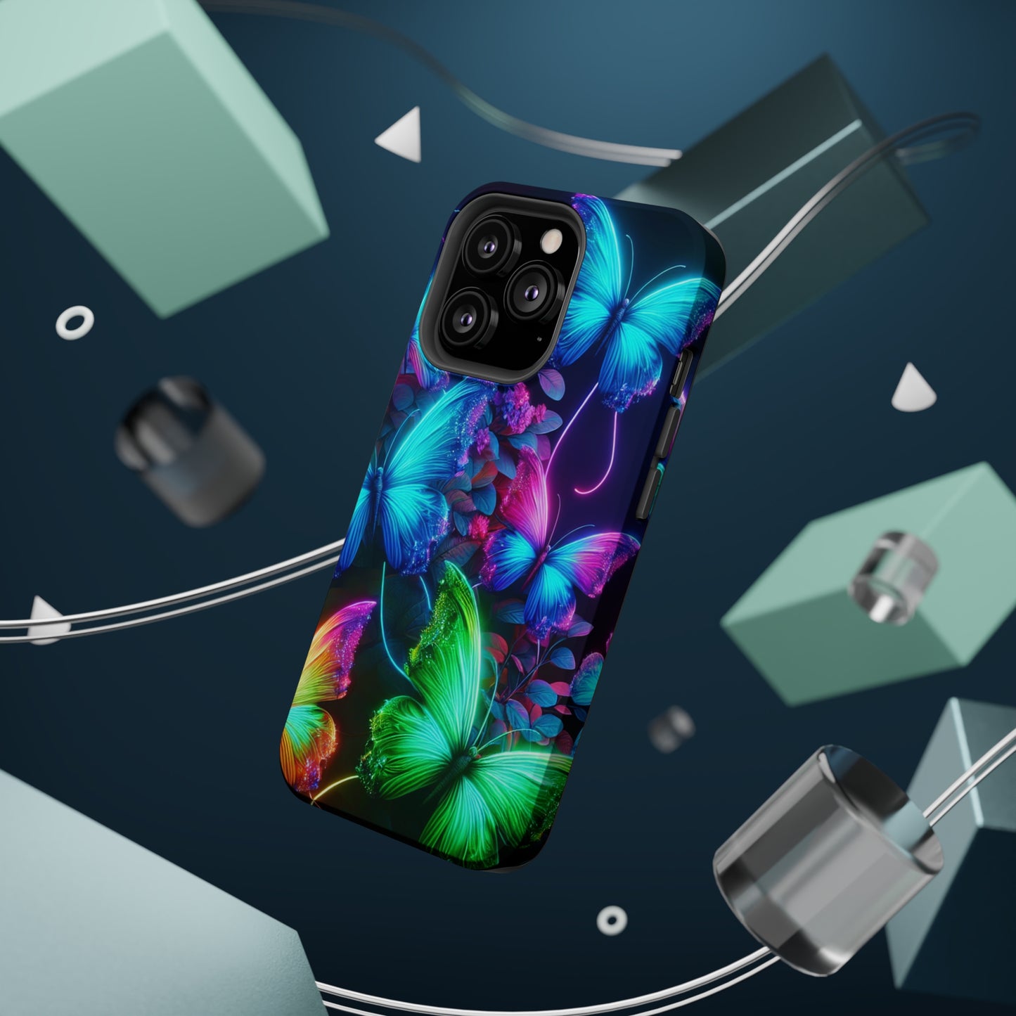 Neon Flutter Symphony Neon Butterflies Premium Art Magsafe Magnet Tough IPhone 13 14 15 Pro Plus Max and Mini in Matte and Glossy Phone cases
