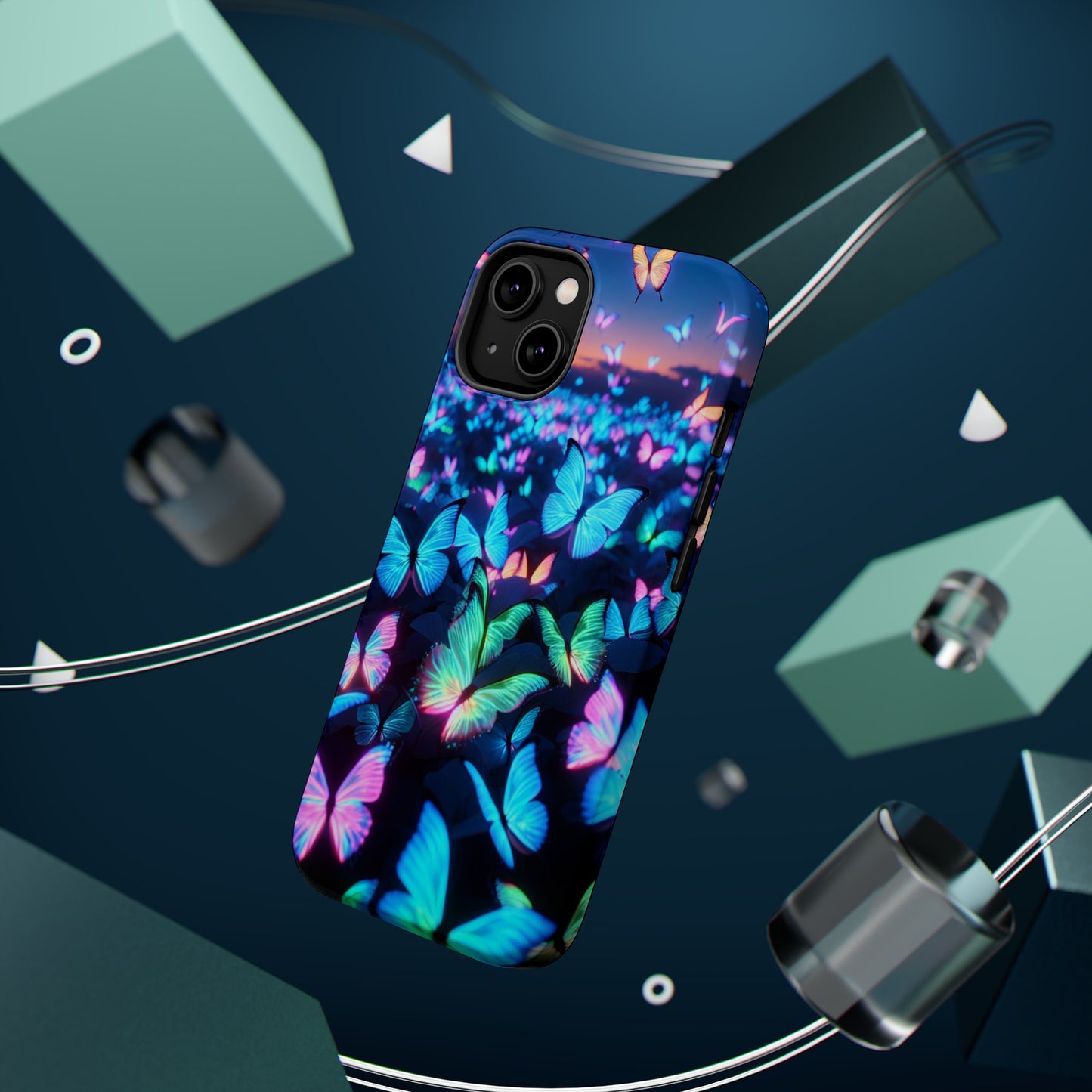 "Fantasia of Neon Butterflies" Neon Butterflies Premium Art Magsafe Magnet Tough IPhone 13 14 15 Pro Plus Max and Mini in Matte and Glossy Phone cases