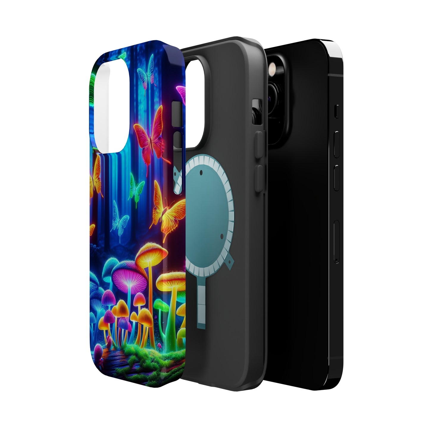 "Neon Garden Delight" Neon Butterflies and Mushrooms Premium Art Magsafe Magnet Tough IPhone 13 14 15 Pro Plus Max and Mini in Matte and Glossy Phone cases