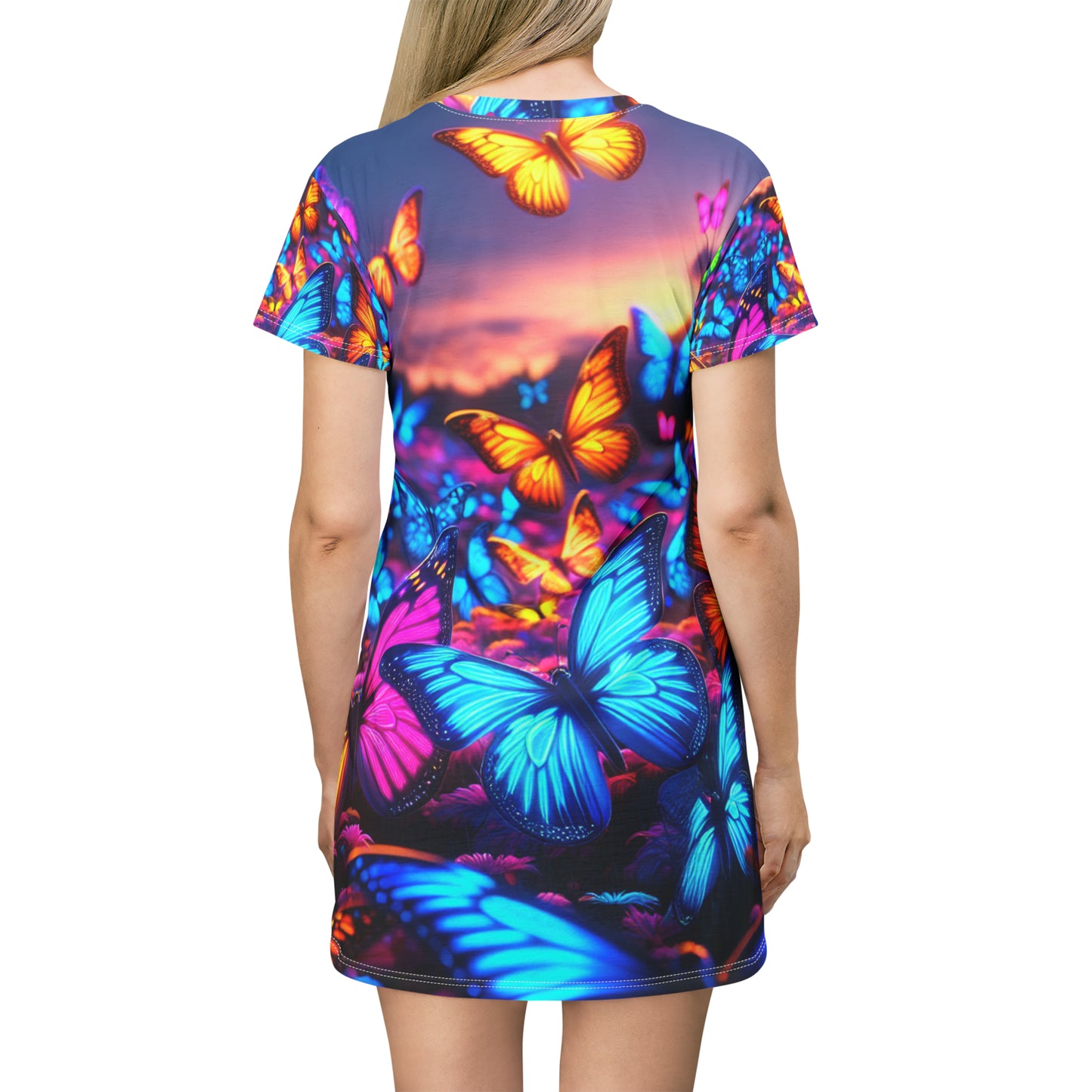 "Neon Flutter Fantasy" Neon Butterflies Womans T Shirt Dress