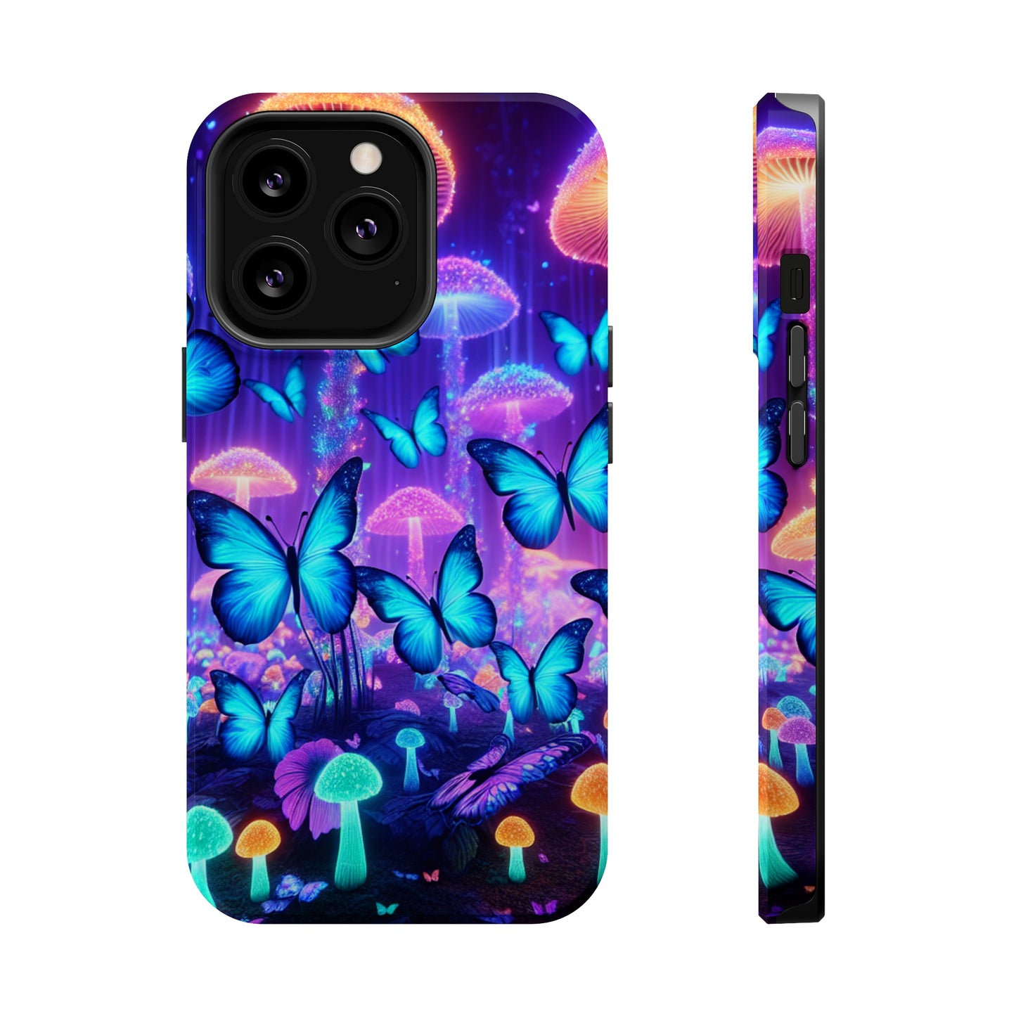 Neon Delight Landscape Neon Butterflies and Mushrooms Premium Art Magsafe Magnet Tough IPhone 13 14 15 Pro Plus Max and Mini in Matte and Glossy Phone cases
